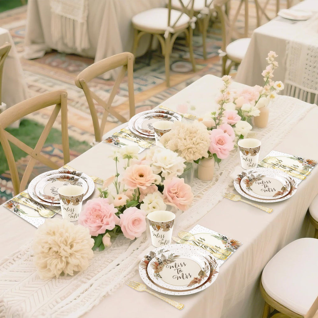 Gudvilla Boho Bridal Shower Decorations, 168Pcs Bridal Shower Plates and Napkins Sets Serve 24, Miss to Mrs, Love is In Bloom, Love is Brewing, Bride To Be, Bachelorette, Fall in Love Wedding Shower
