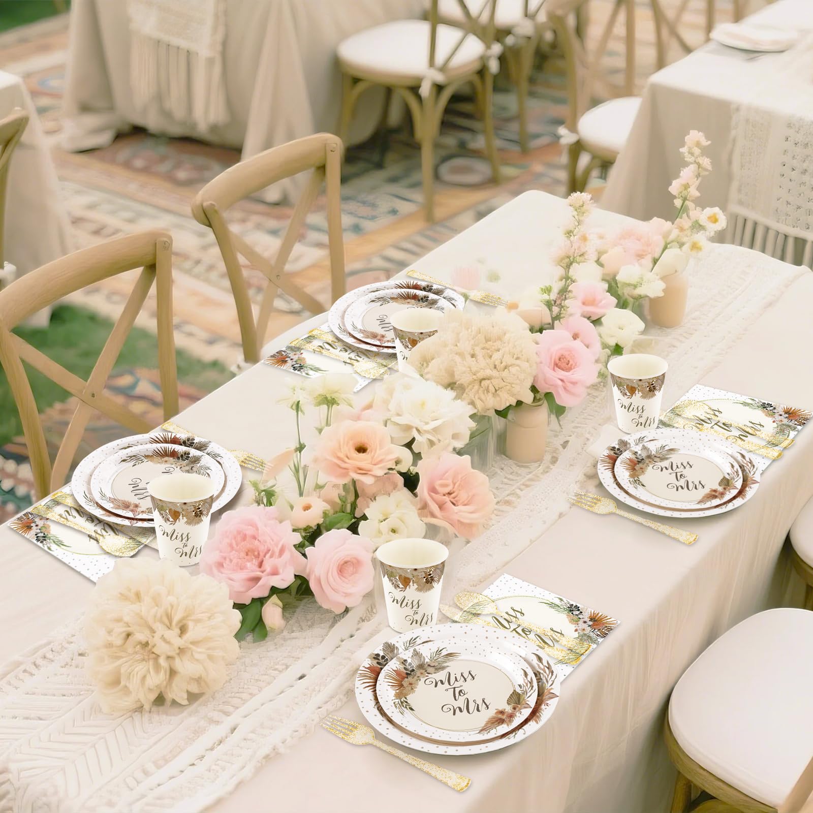 Gudvilla Boho Bridal Shower Decorations, 168Pcs Bridal Shower Plates and Napkins Sets Serve 24, Miss to Mrs, Love is In Bloom, Love is Brewing, Bride To Be, Bachelorette, Fall in Love Wedding Shower