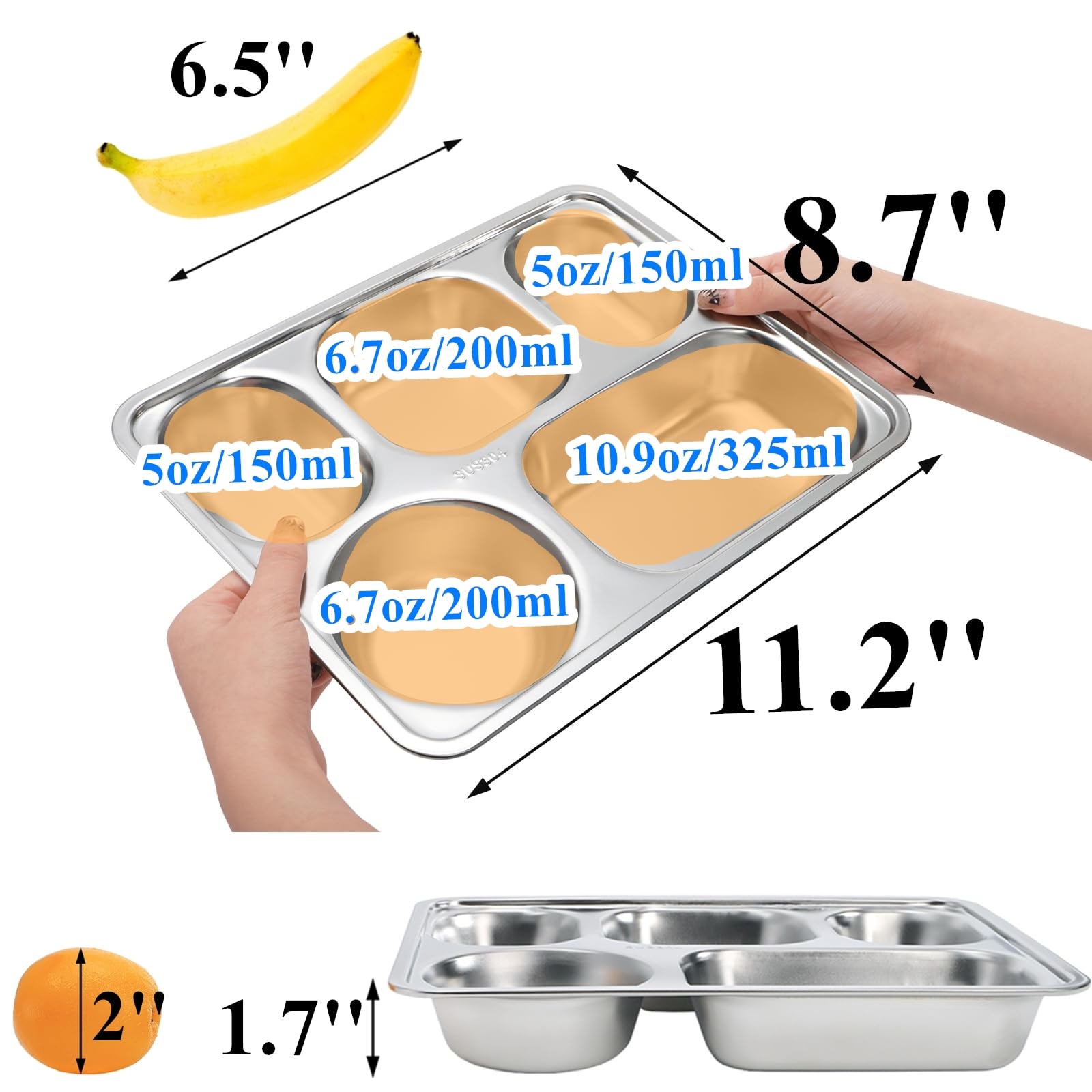 Tebery 3 Pack Stainless Steel Rectangular Divided Plates Tray, 5 Sections Dinner Plates for Adults,Kids, Picky Eaters, Campers, and Portion Control