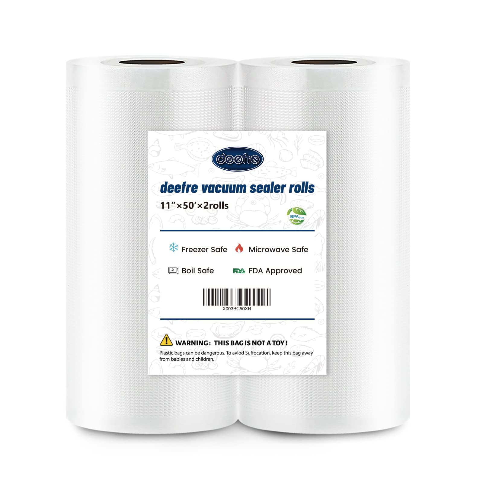 Deefre Vacuum Sealer Bags 2 Rolls 11"x50' Commercial Grade Food Saver Bags for Seal a Meal, BPA Free, Heavy Duty, Great for vac Storage, Meal Prep or Sous Vide