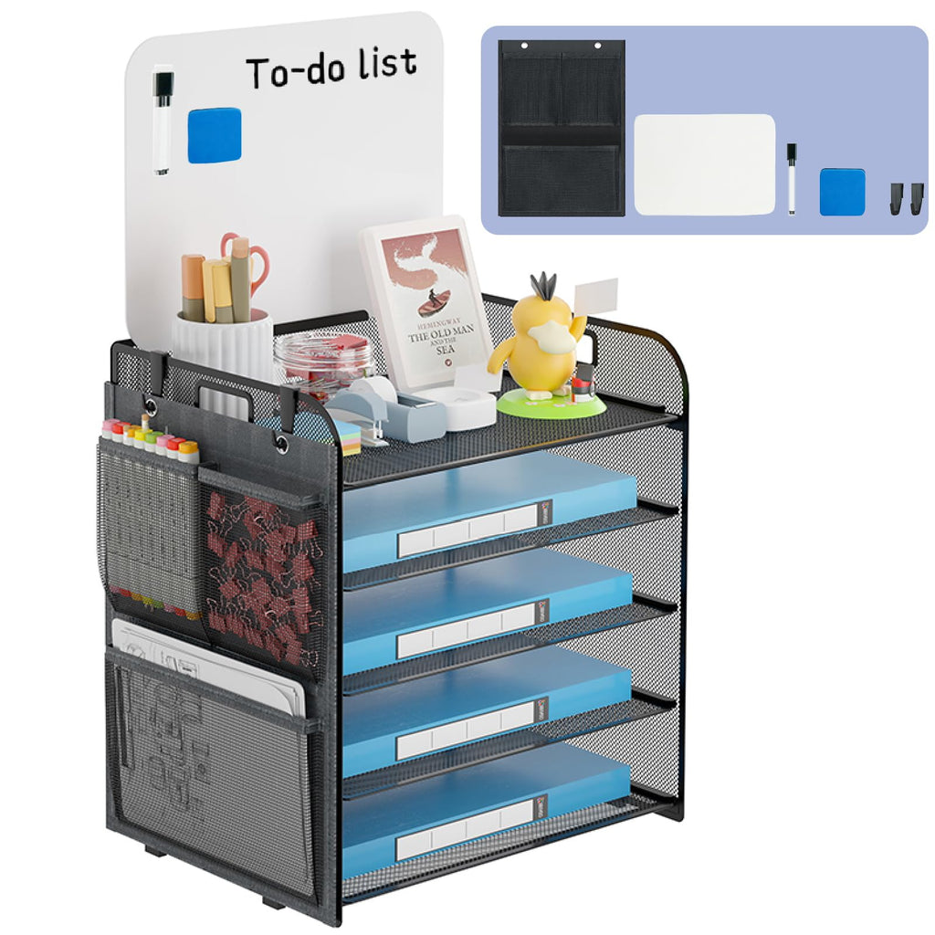 Desk Organizer with Erase Board, Storage Bag, Pen and Whiteboard Eraser, 5-Tier Paper Letter Tray File Organization: Mesh Workspace Document Storage Desktop Organizer Accessories for Office Supplies