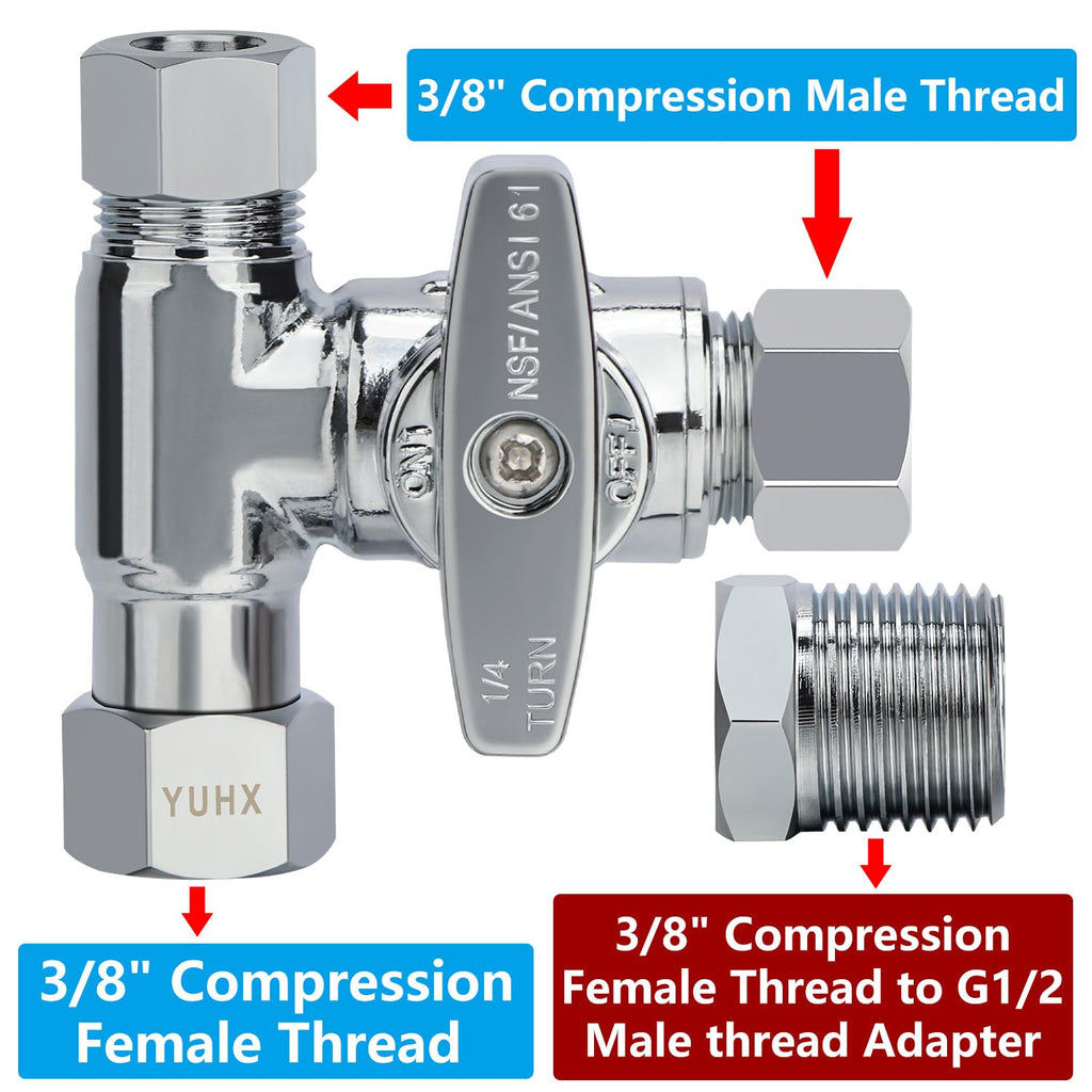 YUHX Brass Angle Stop Add-A-Tee Valve for TOTO Washlet Bidet and Handheld Sprayer, 3/8 Compression Connector 3 Way Diverter 3/8" x3/8" x3/8" or 1/2" Toilet T Adapter