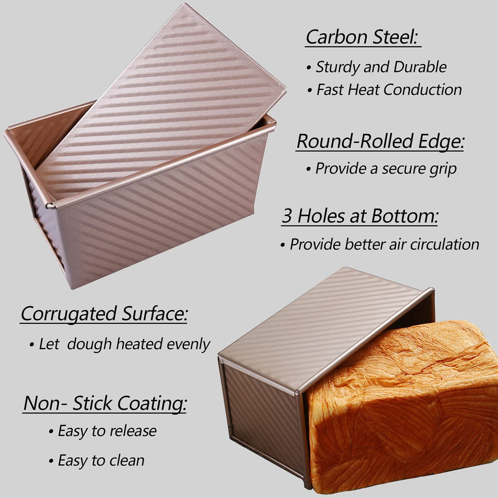 Spmarkt Pullman Loaf Pan with Lid, Aluminized Steel 1 Lb Nonstick Sandwich Bread Pan for Homemade Bread, 8.4x4.8 Inch Professional Rectangular Loaf Pan with Dough Scraper and Cutter