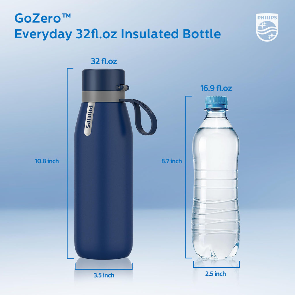 PHILIPS Stainless Steel Filtering Water Bottle - AWP2772, 32 oz Insulated Water Bottle with 1 Filter Lasts 2 Months or 40 Gallons, Replaces 450 Plastic Water Bottles, BPA-Free, Reusable, Blue