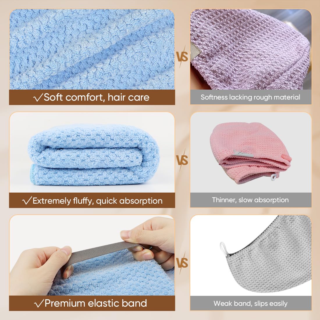 HOMEXCEL 5 Pack Large Microfiber Hair Towel Wrap for Women, Super Soft Hair Drying Towel, Fast Drying Hair Turbans for Wet Hair, Long, Thick, Curly Hair, Anti Frizz Hair Towel Wrap with Elastic Strap