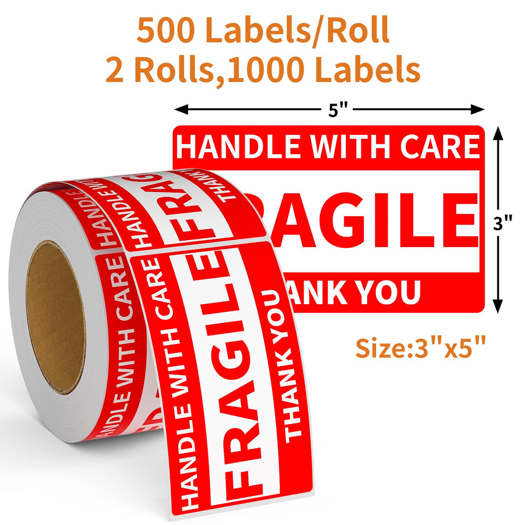 2 Rolls 3" x 5" Handle with Care Fragile Stickers for Shipping and Moving, 500 Labels per Roll, Permanent Adhesive Warning Stickers Fragile Labels