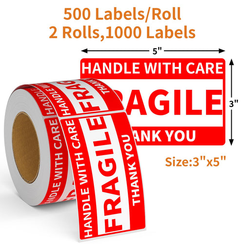 2 Rolls 3" x 5" Handle with Care Fragile Stickers for Shipping and Moving, 500 Labels per Roll, Permanent Adhesive Warning Stickers Fragile Labels