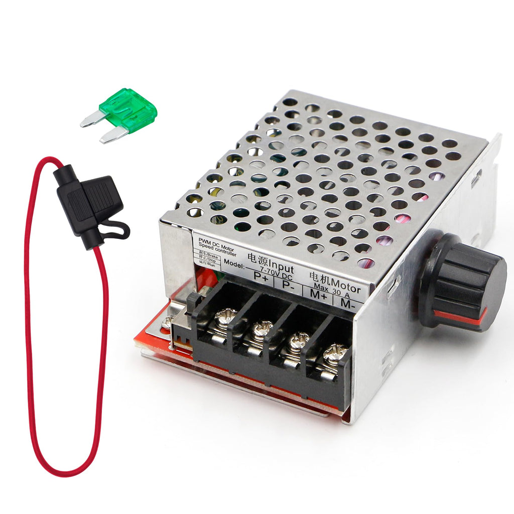 RioRand 7-70V PWM DC Motor Speed Controller 30A - Low Heat Aluminum Housing for Brushed DC Motors, DIY Projects & Small Electric Devices (Extra Fuse Included) Red