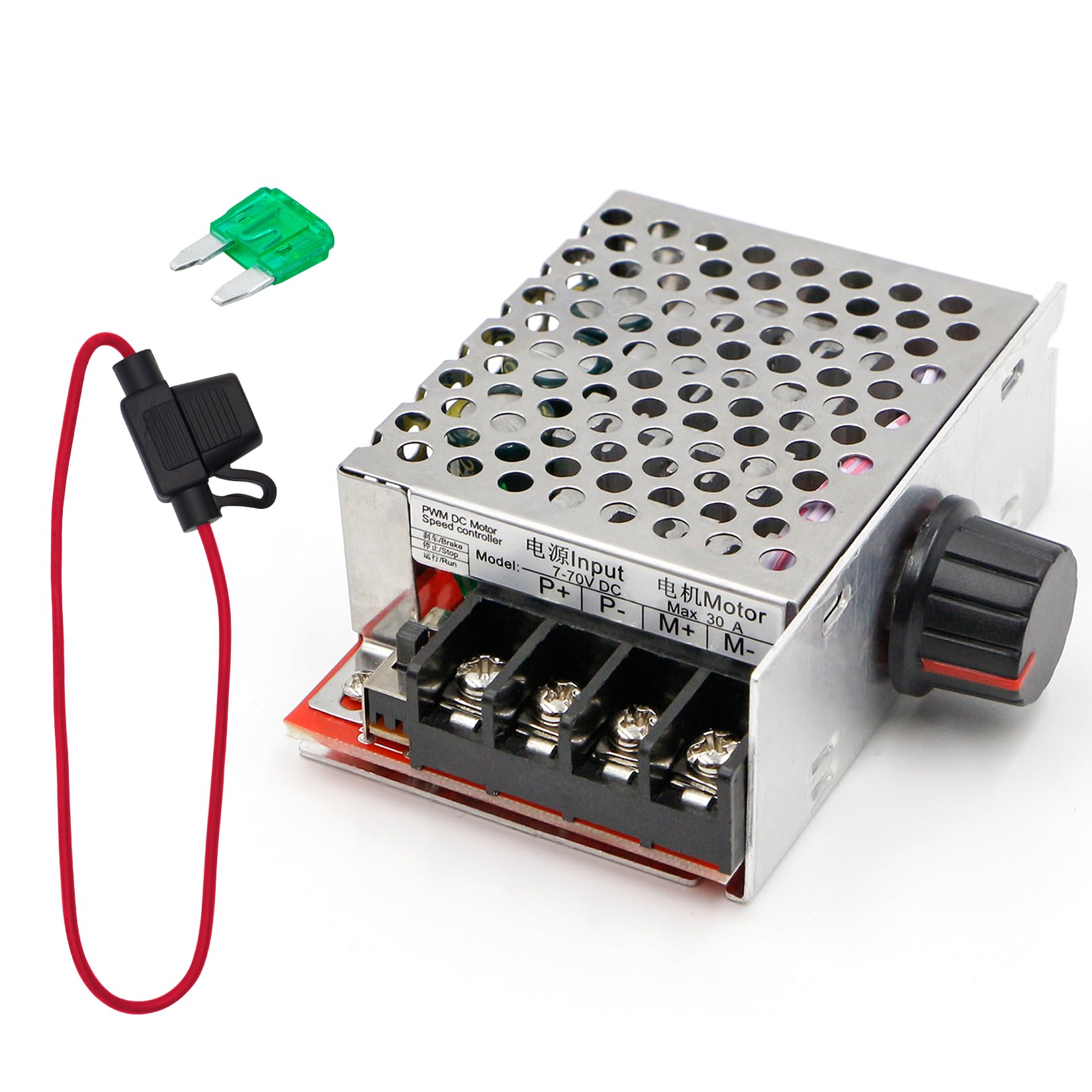 RioRand 7-70V PWM DC Motor Speed Controller 30A - Low Heat Aluminum Housing for Brushed DC Motors, DIY Projects & Small Electric Devices (Extra Fuse Included) Red
