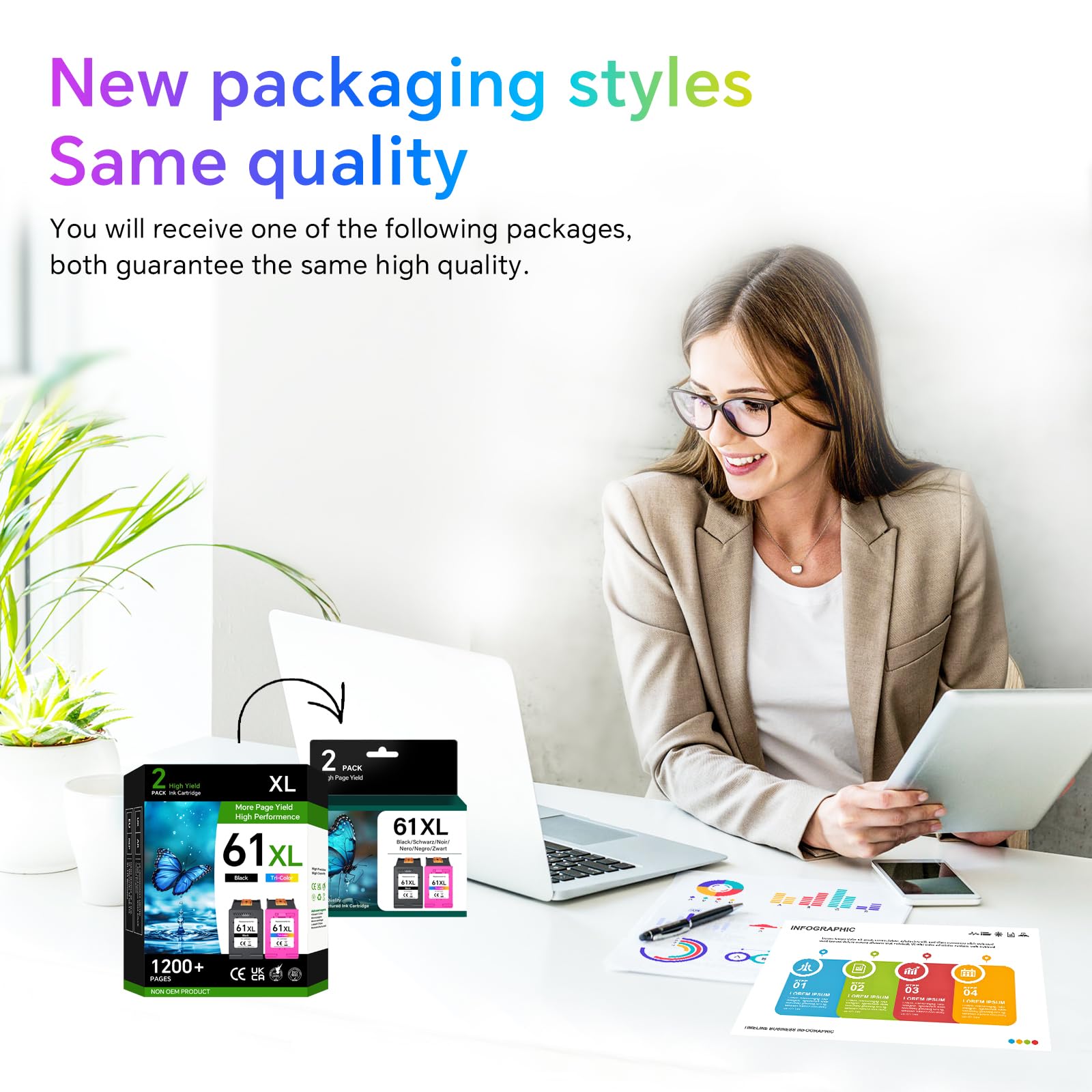 61XL Use for HP 61 Ink Cartridges 61 XL Printer Ink Compatible for HP Envy 4500 4502 5530 Officejet 4630 4635 Deskjet 1000 1010 1512 Color Printers Black & Color 2-Pack
