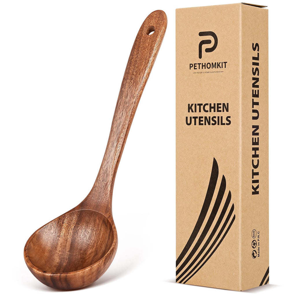 PETHOMKIT Wooden Soup Spoon, Teak Soup Ladle, 10.6" Long Handle, 1 Piece, BPA Free, Brown, Kitchen Ladle