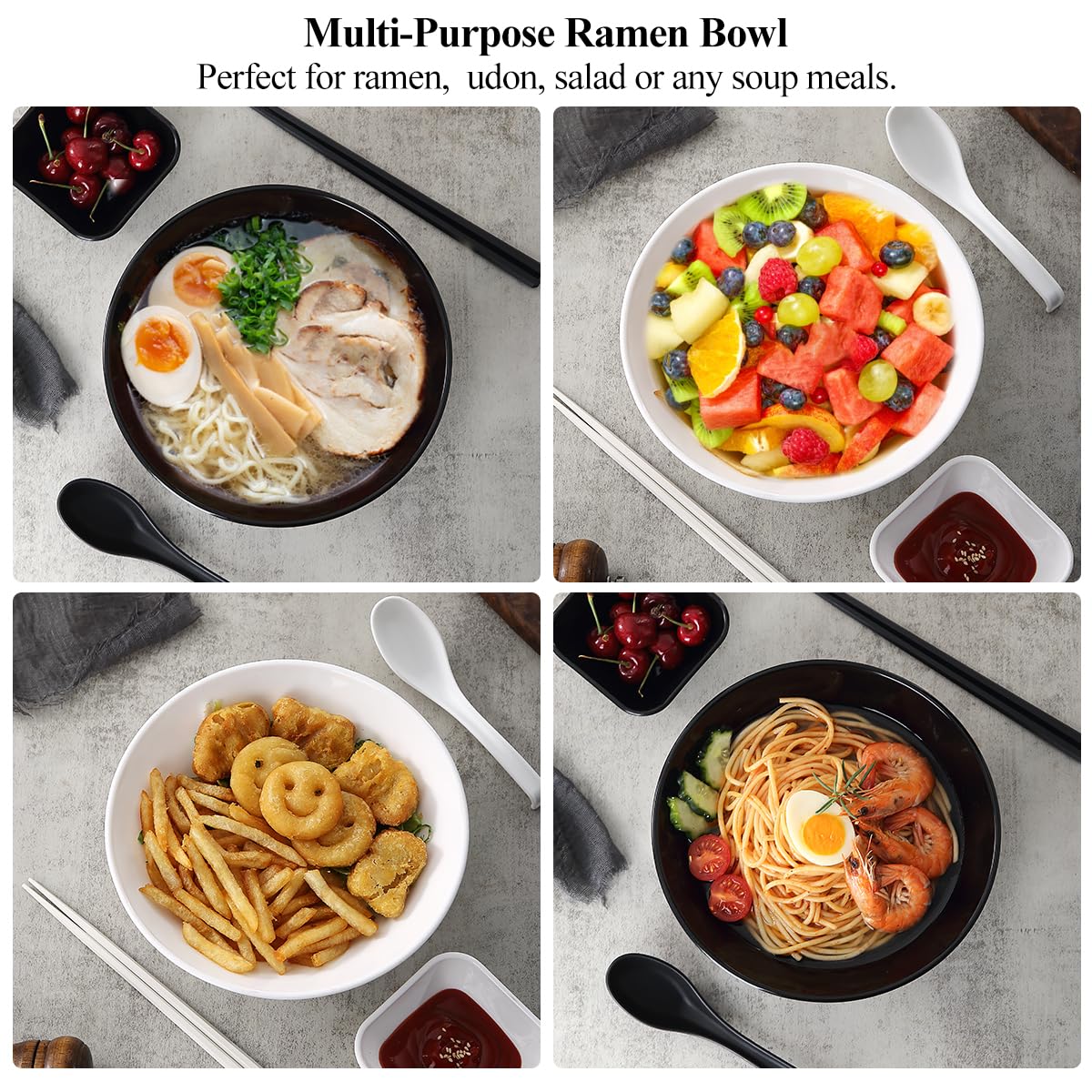 Kyraton Ramen Bowl Set 1200ml with Chopsticks Dipping Bowls and Spoons: 2 Large Unbreakable Japanese Style Plastic Noodle Soup Bowls for Asian Pho Soup Thai Miso Udon Wonton (Black, White)
