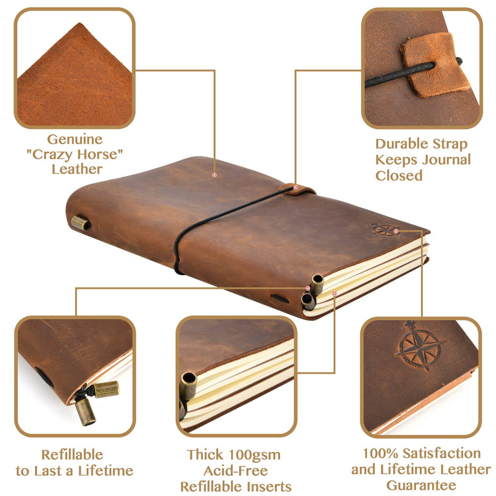 Wanderings A5 Travelers Notebook – Refillable Genuine Leather Journal – 4.5" x 6" (11.5 x 15.5cm) – Handcrafted Crazy Horse Leather – 100 GSM Blank Inserts – Travel Journal