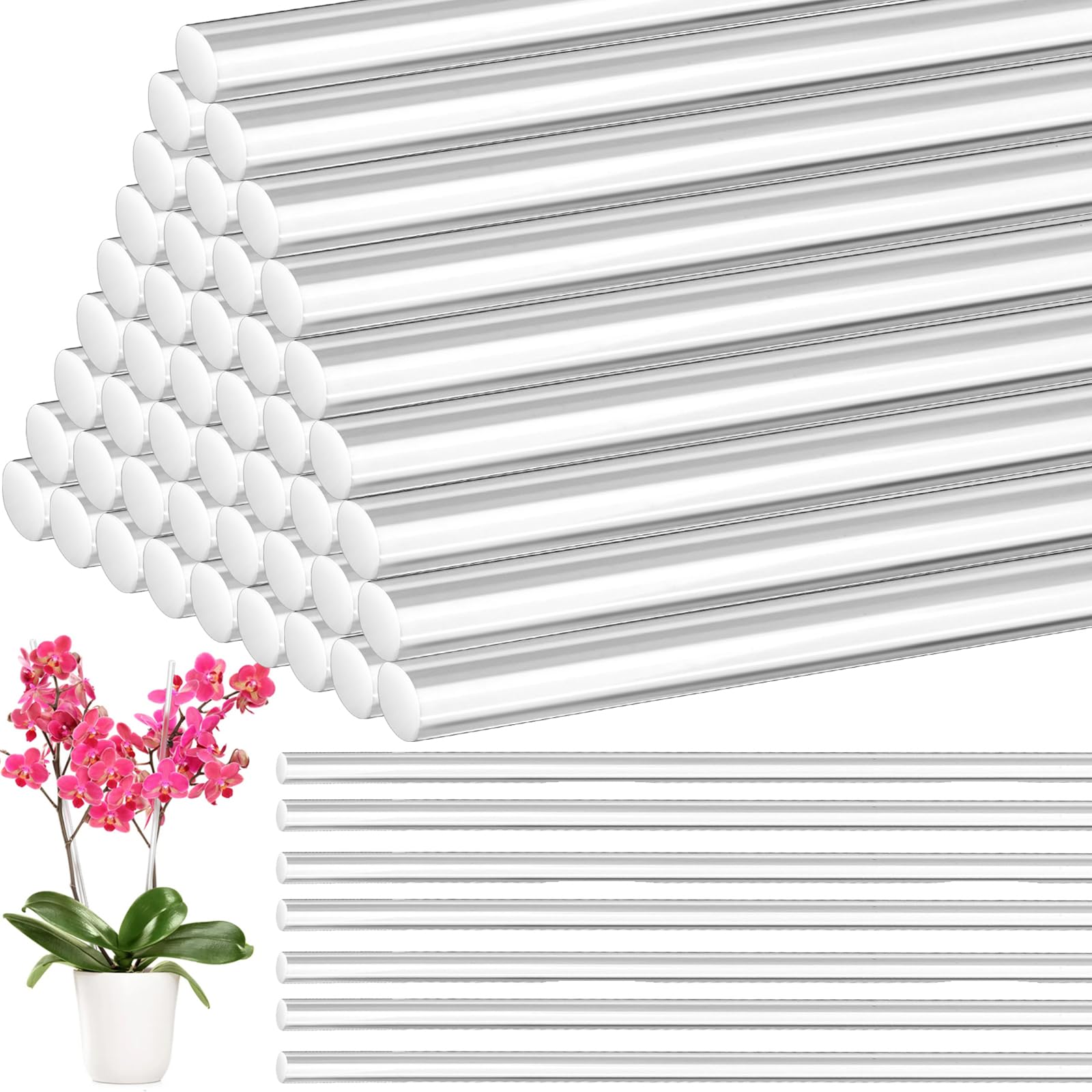 Tebery 50 Pcs 17.3 Inch Acrylic Plant Stakes, Clear Garden Orchid Sticks Rods for DIY Projects, Sturdy Potted Plant Support Stakes Holder for Single Stem Flowers, Indoor and Outdoor Plants