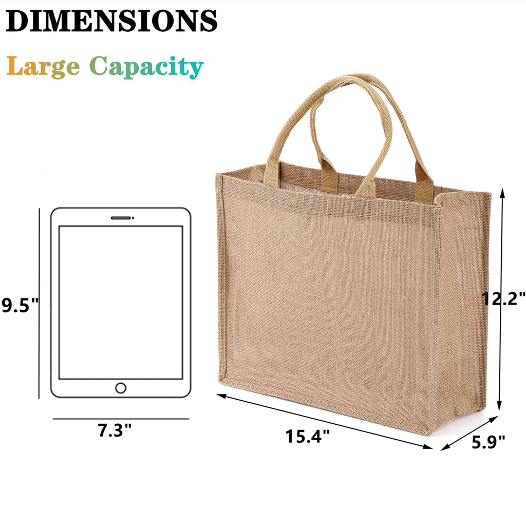 DEAYOU 6 Pack Large Jute Burlap Tote Bag, Jute Beach Bag with Laminated Interior, Burlap Gift Tote with Handle, Reusable Lined Market Grocery Shopping Bag for DIY, Wedding,15.4''x12.2''x5.9''