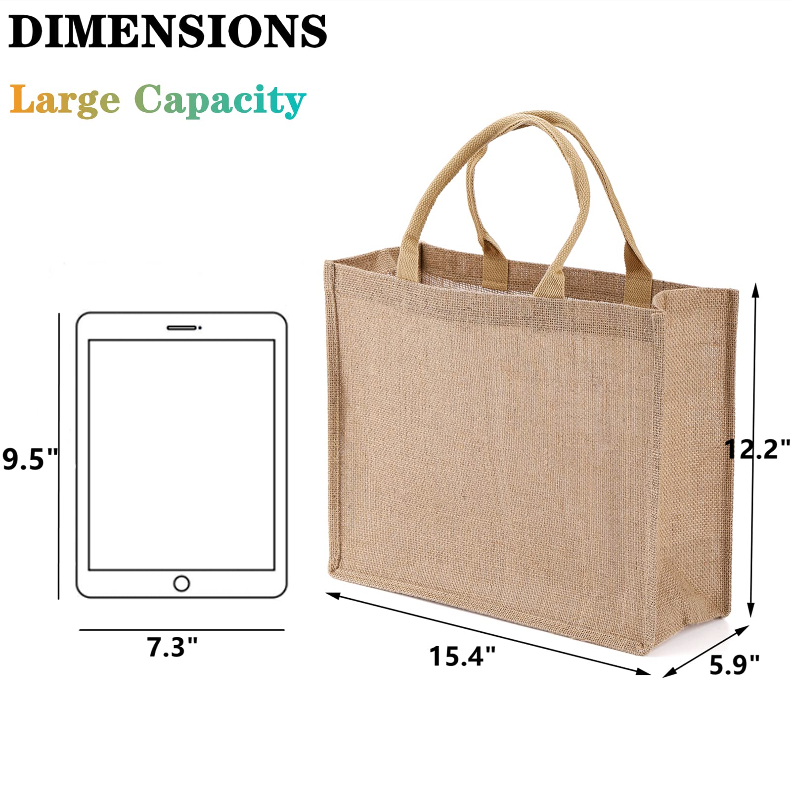DEAYOU 6 Pack Large Jute Burlap Tote Bag, Jute Beach Bag with Laminated Interior, Burlap Gift Tote with Handle, Reusable Lined Market Grocery Shopping Bag for DIY, Wedding,15.4''x12.2''x5.9''