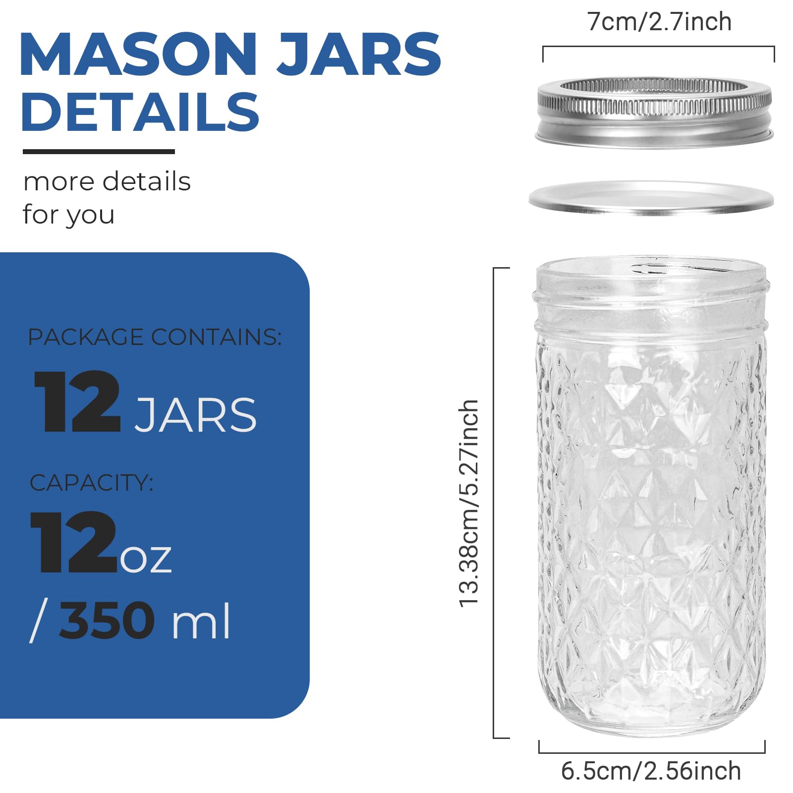 12 oz Regular Mouth Mason Jars with Airtight Lids and Bands,12 Pack Glass Canning Jars for Pickling,Fermenting, 350ml Preserving Jars for Jam,Honey,Fruits Storage