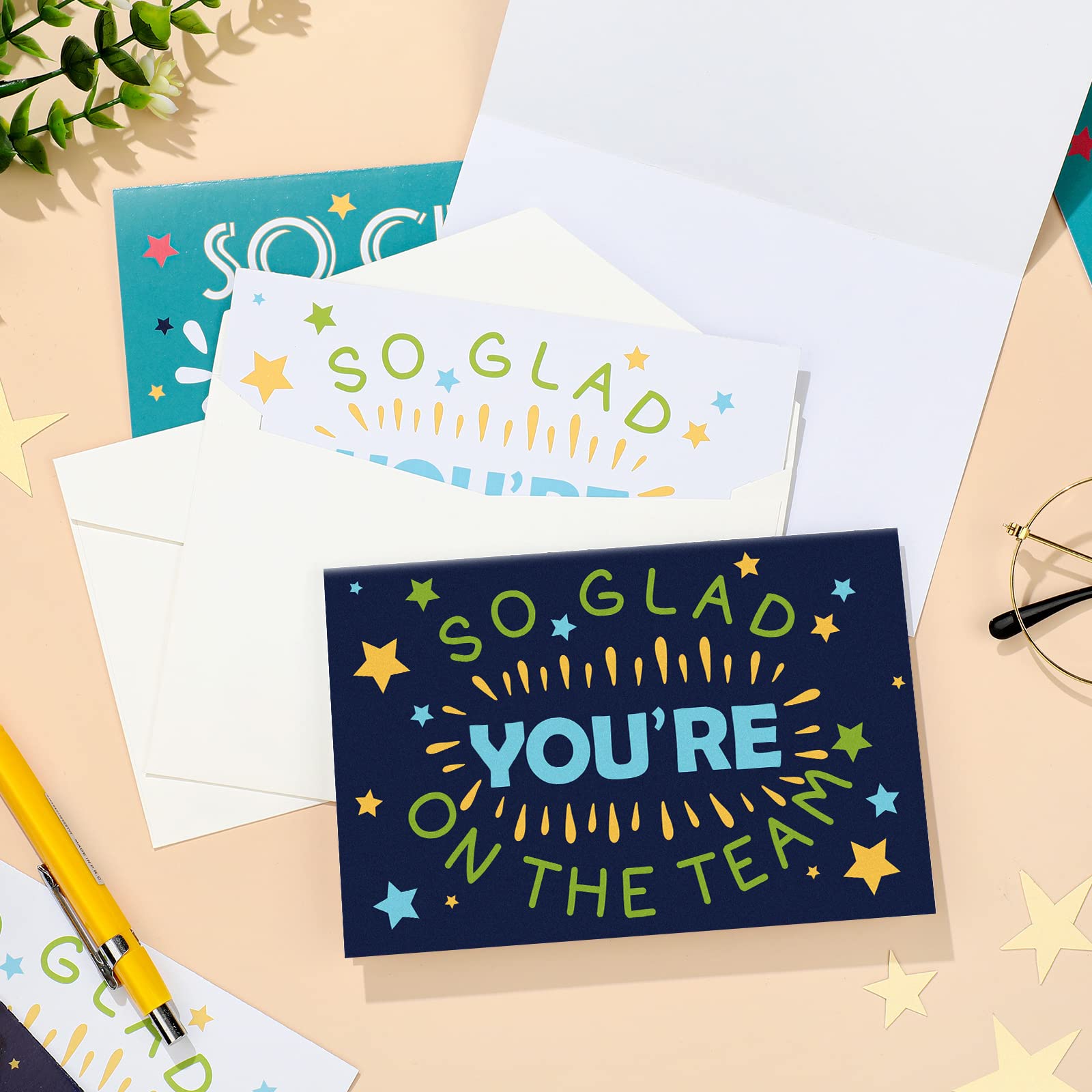 48 Pack Employee Appreciation Cards with 48 Envelopes So Glad You're on The Team Work Anniversary Cards Welcome Cards Employee Funny Thank You Cards for Recognition Gifts, 7.8 x 6 Inch (Star