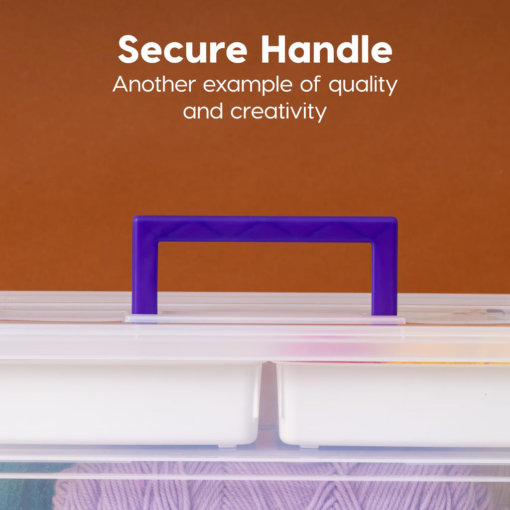 IRIS USA 8.9 L (9.4 US Qt) Large 2-Layer Portable Stack and Carry Storage Bin with Buckle-Up Lid, 4 Removable Dividers, for Arts Crafts Supplies Stationery Medicine Play-Doh Nail Polish, Clear/Violet
