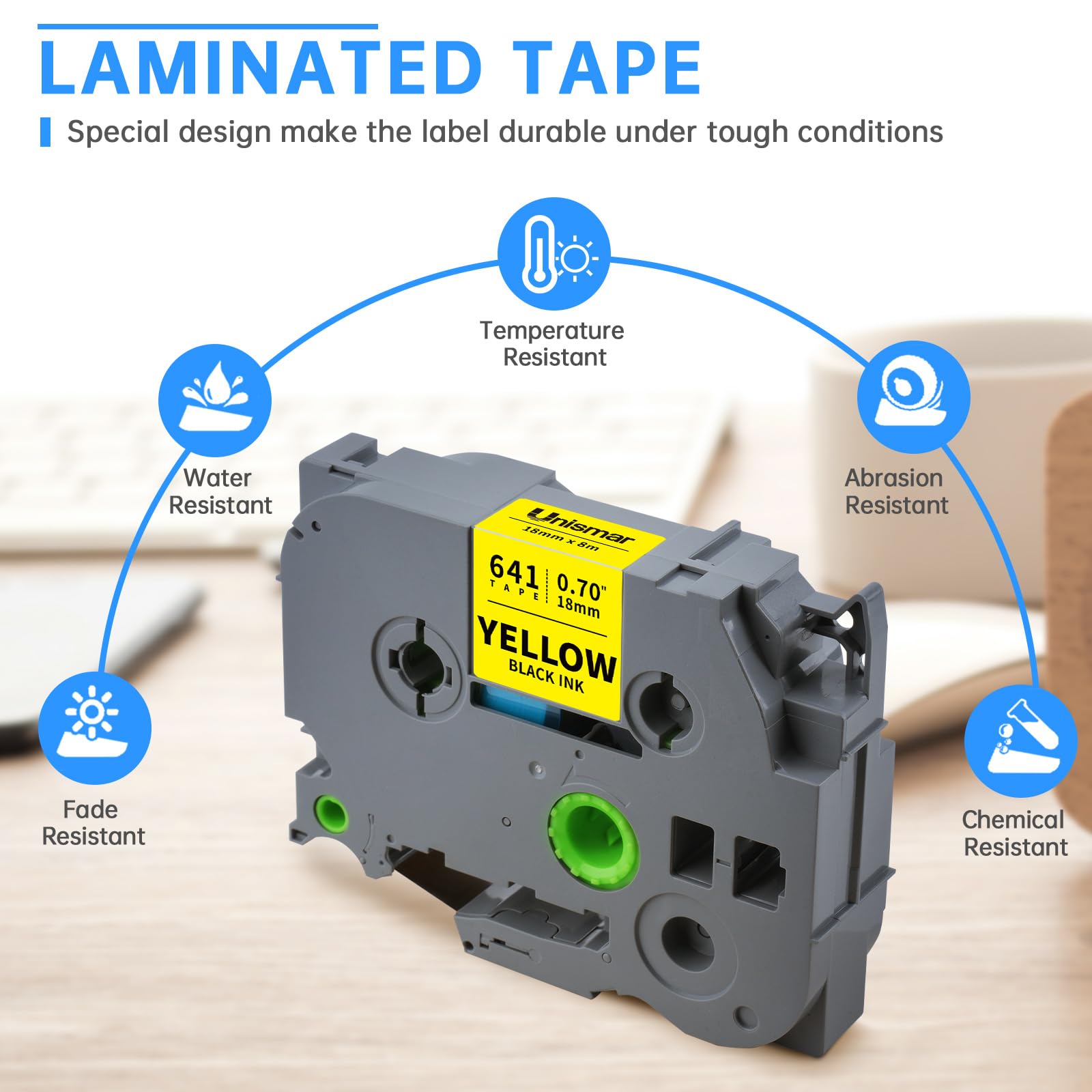 Unismar 3-Pack 18mm 0.7" Laminated Yellow Compatible for Brother TZe-641 TZe641 Tz-641 Tz641 3/4" P Touch Tze Tz Tape 18mm 0.7" Yellow Label for Ptouch PT-D400AD PT-D410 PT-D600 PT-D400 PT-1880 PTD410