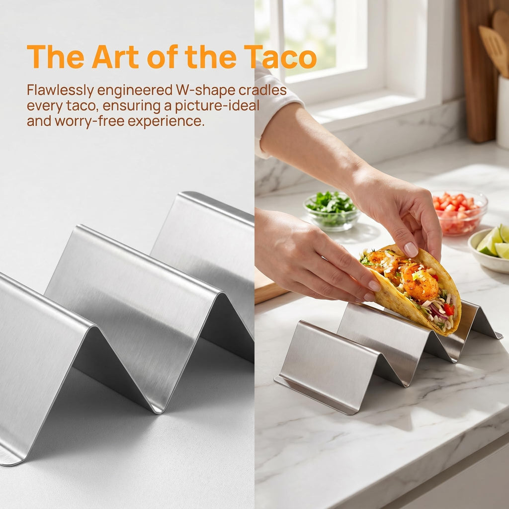 Bekith Stainless Steel Taco Holder Stand 6 Pack, Taco Holder Stand Tray with Handles, Up to 3 Tacos Each Keeping Shells Upright, Stylish Taco Shell Holders, Oven, Grill and Dishwasher Safe