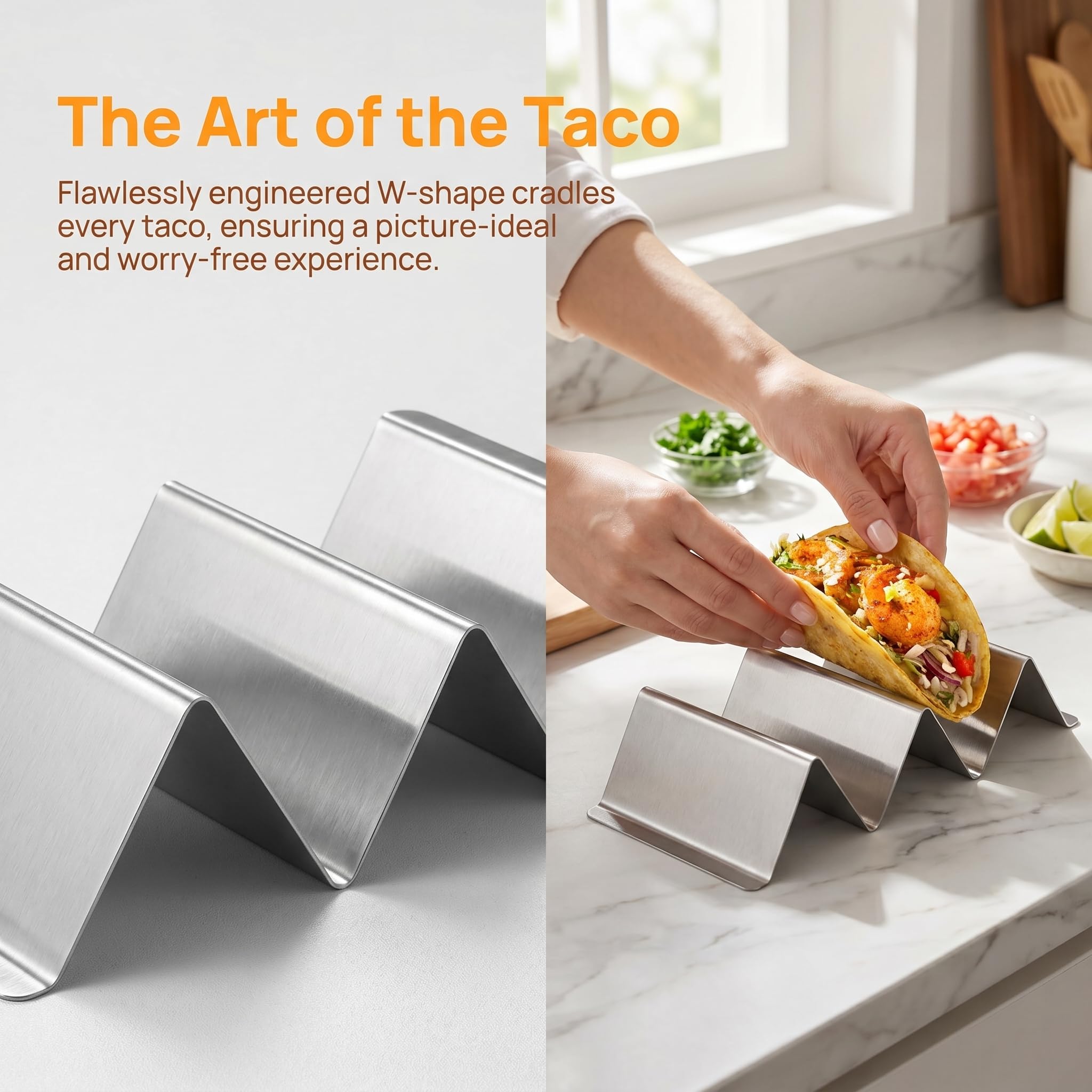 Bekith Stainless Steel Taco Holder Stand 6 Pack, Taco Holder Stand Tray with Handles, Up to 3 Tacos Each Keeping Shells Upright, Stylish Taco Shell Holders, Oven, Grill and Dishwasher Safe