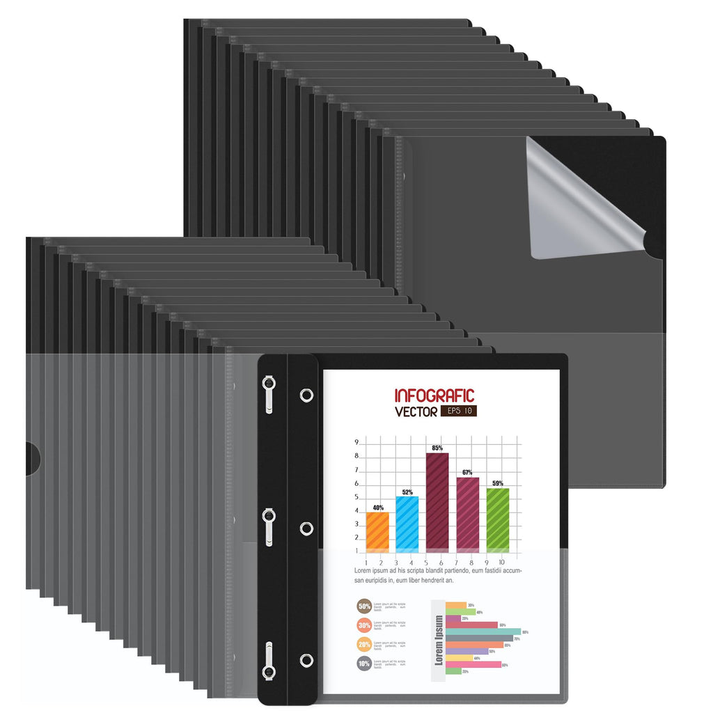 HAUTOCO 30 Pack Plastic Report Covers with 3 Prongs Fasteners Clear Front Resume Portfolio Folder for 8.5x11 Letter Size Paper, Presentation Document Report Cover for School Office Business, Black