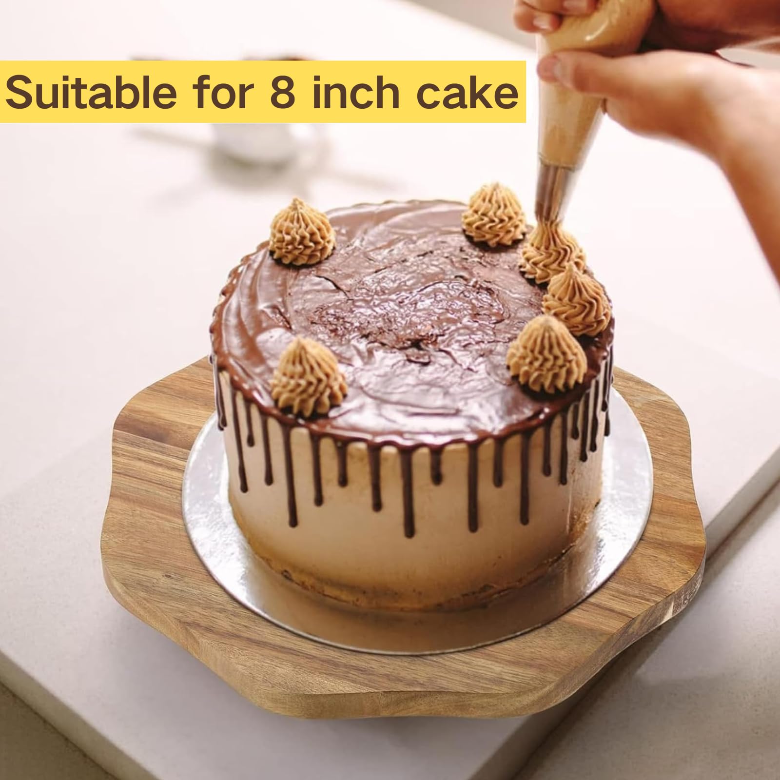 Mezchi Acacia Wood Cake Stand for 8 inch Cake, Rustic Wooden Pedestal for Cake, Slice Dessert Wedding Platter Display Stand Cupcake, Baby Shower, Birthday, Grain Pattern Brown