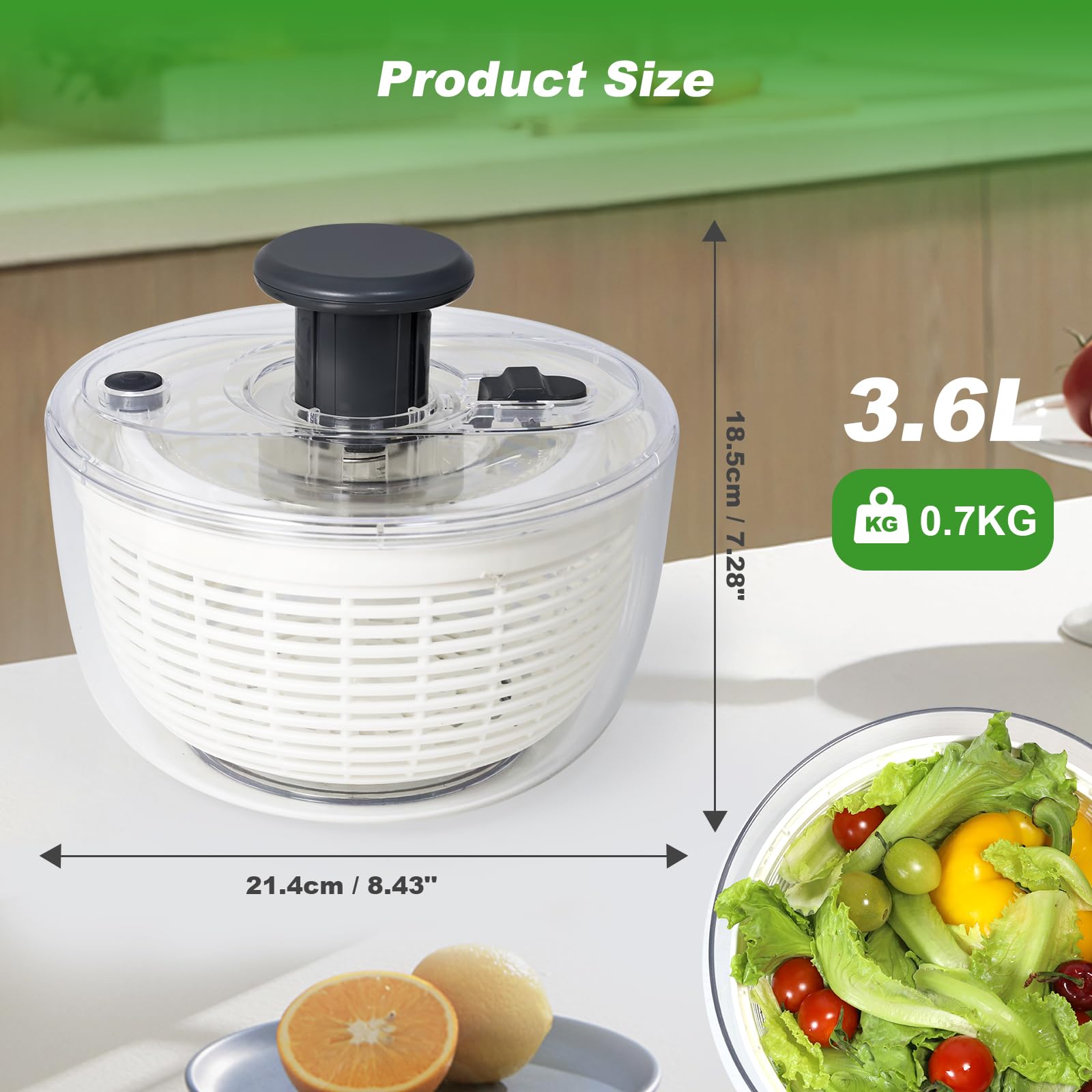 Salad Spinner - 3.6 Litre Non-Slip Vegetable & Fruit Washer/Dryer for Households, Easy-Clean Kitchen Gadget for Greens, Herbs & Vegetables