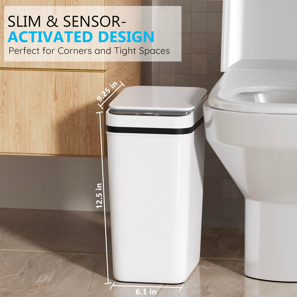 Bathroom Trash Can with Lid Touchless Automatic Garbage Can, 2.6 Gallon Slim Waterproof Motion Sensor Smart Trash Can, Small Plastic Trash Bin for Bedroom, Living Room