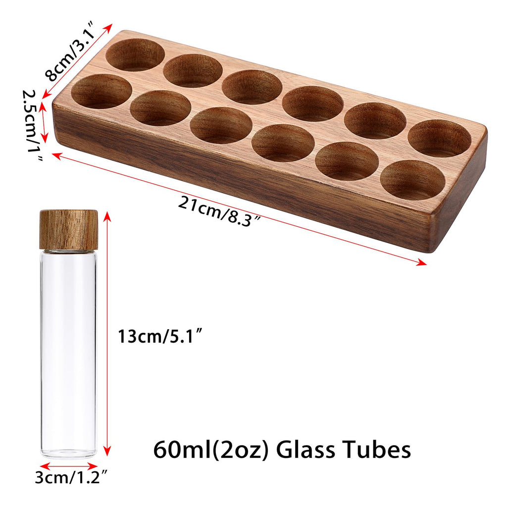 JuxYes Single Dose Coffee Bean Storage Tubes, 12pcs Coffee Bean Cellars with Lid, 2 oz Glass Espresso Bean Container with Wooden Holder Stand, Sealed Dosing Glass Vials for Tea, Candies, Spices