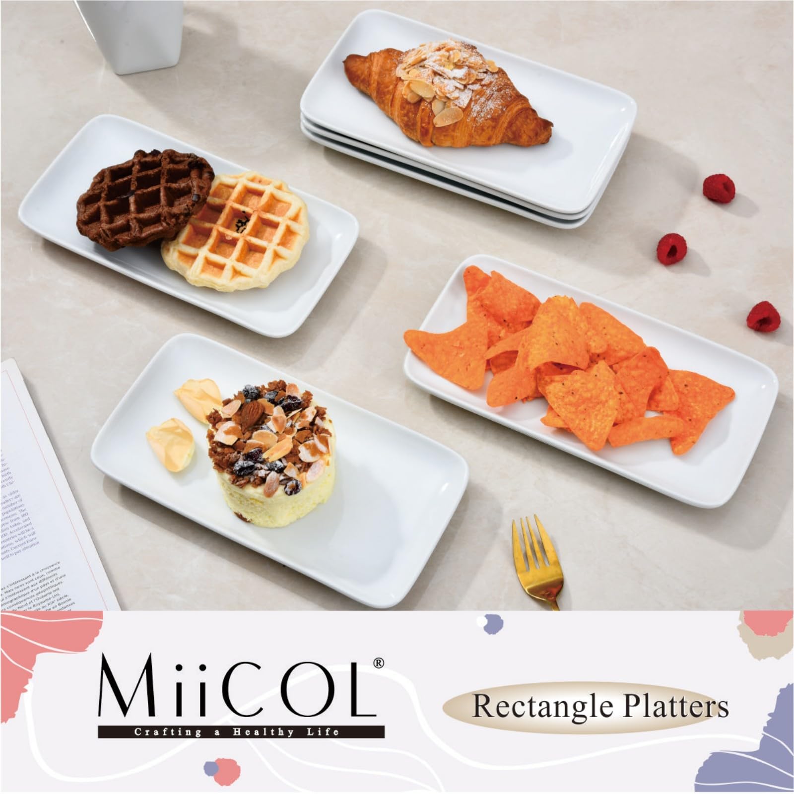 Miicol Small Platters Set of 6, Ceramic Rectangle Plates 9 Inch / 23 cm, Modern Sushi Plate Set, White Serving Dishes for Serving Food, Appetizer, Dessert, Dinner, Party