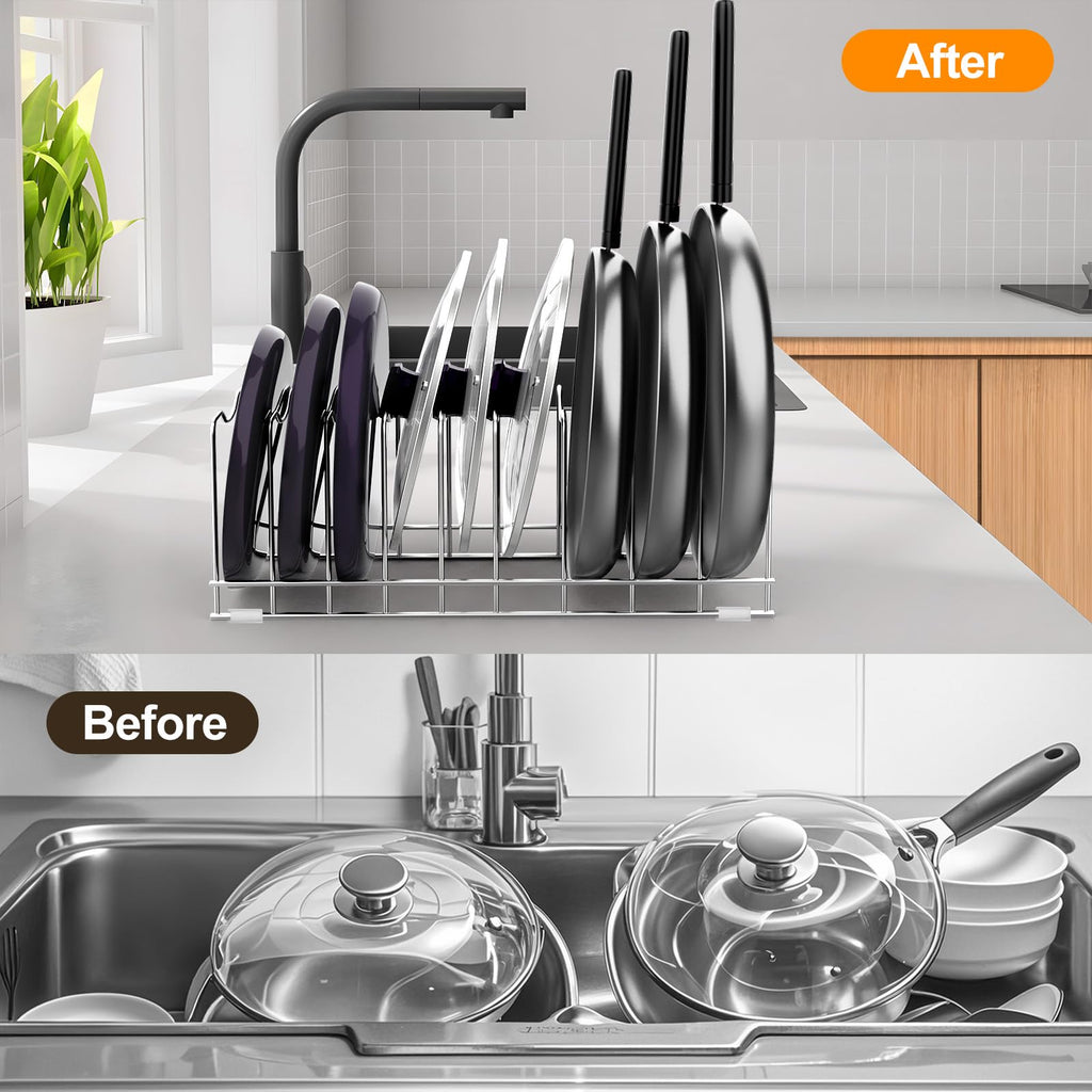 Pot Lid Organizer Pan Lid Organizer Kitchen Pot Lid Rack Suitable for Bakeware Dish Plate, Cutting Boards, Pots & Pans, Serving Trays, Reusable Holder FLSEPAMB(2 Pack+Eight Silicone Foot Covers)