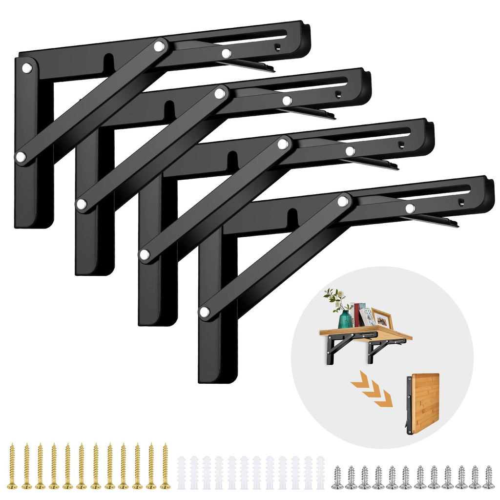 4 Pcs Folding Shelf Brackets, 8 inch Heavy Duty Foldable Triangle Shelving Brackets with Screws, Black Metal Wall Mounted Brackets for Bench Table, Space Saving, Shelves Support DIY