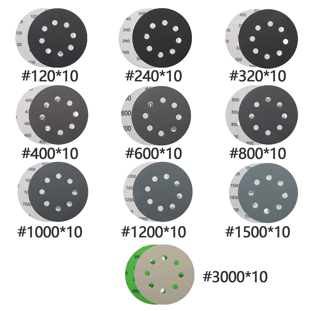 100 PCS Wet Dry Sanding Discs Set, VIBRATITE 5 Inch 8 Holes Hook & Loop Sandpaper 10 Different Grades Including 120 240 320 400 600 800 1000 1200 1500 3000 Grits for Random Orbital Sander