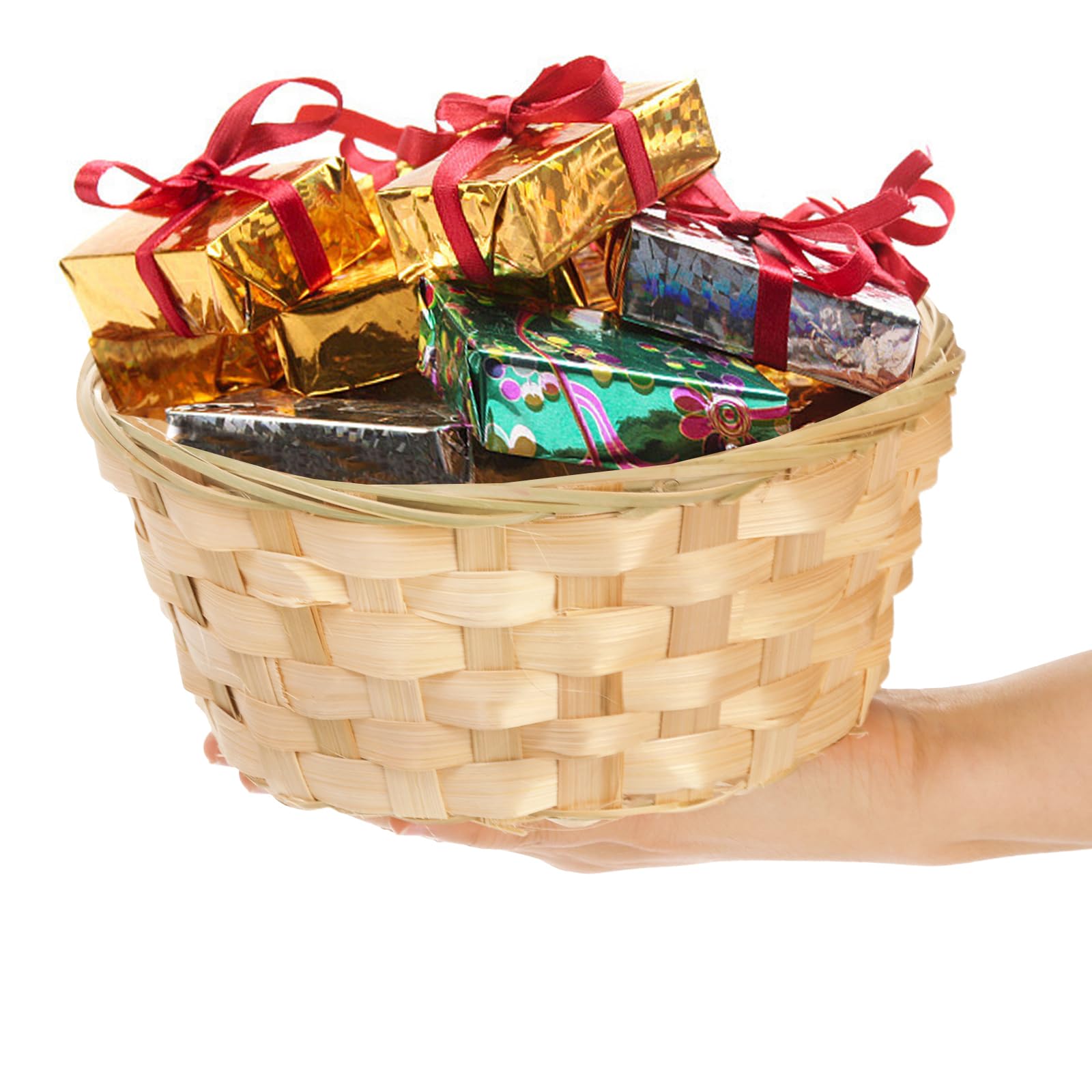TOPZEA 10 Pack Round Gift Baskets, 8 Inch Natural Bamboo Woven Fruit Basket, Small Wicker Bread Roll Serving Basket, Food Storage Bin Handmade Baskets for Kitchen Restaurant Centerpiece Christmas