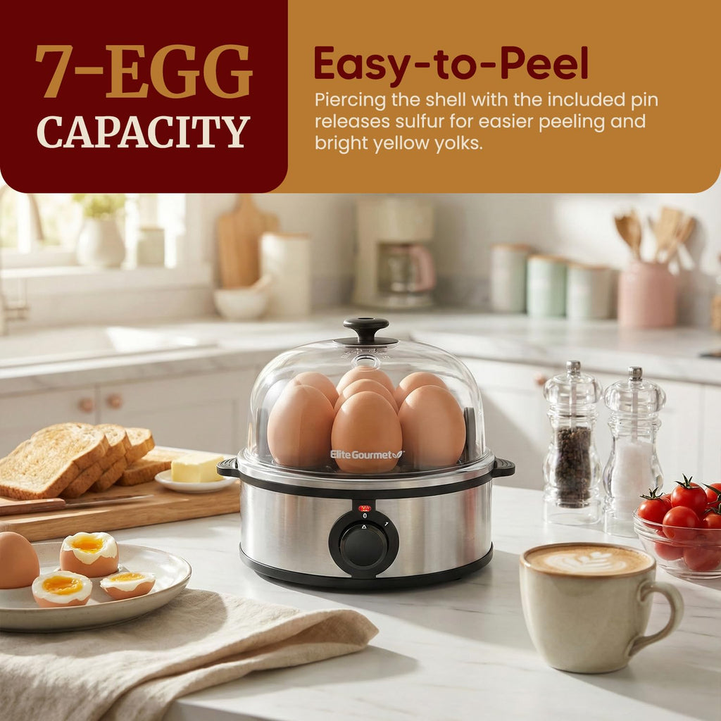 Elite Gourmet EGC648 Rapid Egg Cooker, 7 Easy-To-Peel, Hard, Medium, Soft Boiled Eggs, Poacher, Omelet Maker, Auto Shut-Off, Alarm, 16-Recipe Booklet, BPA-Free, Stainless Steel