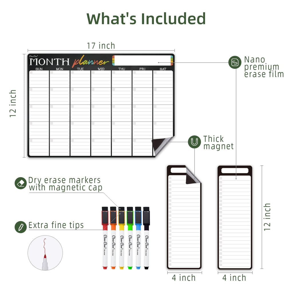 Magnetic Dry Erase Monthly Calendar - 17"x12" Monthly Calendar for Fridge - 4"x12" List Board 2 Pcs - 6 Extra Fine Point Markers Included - Shipped Flat