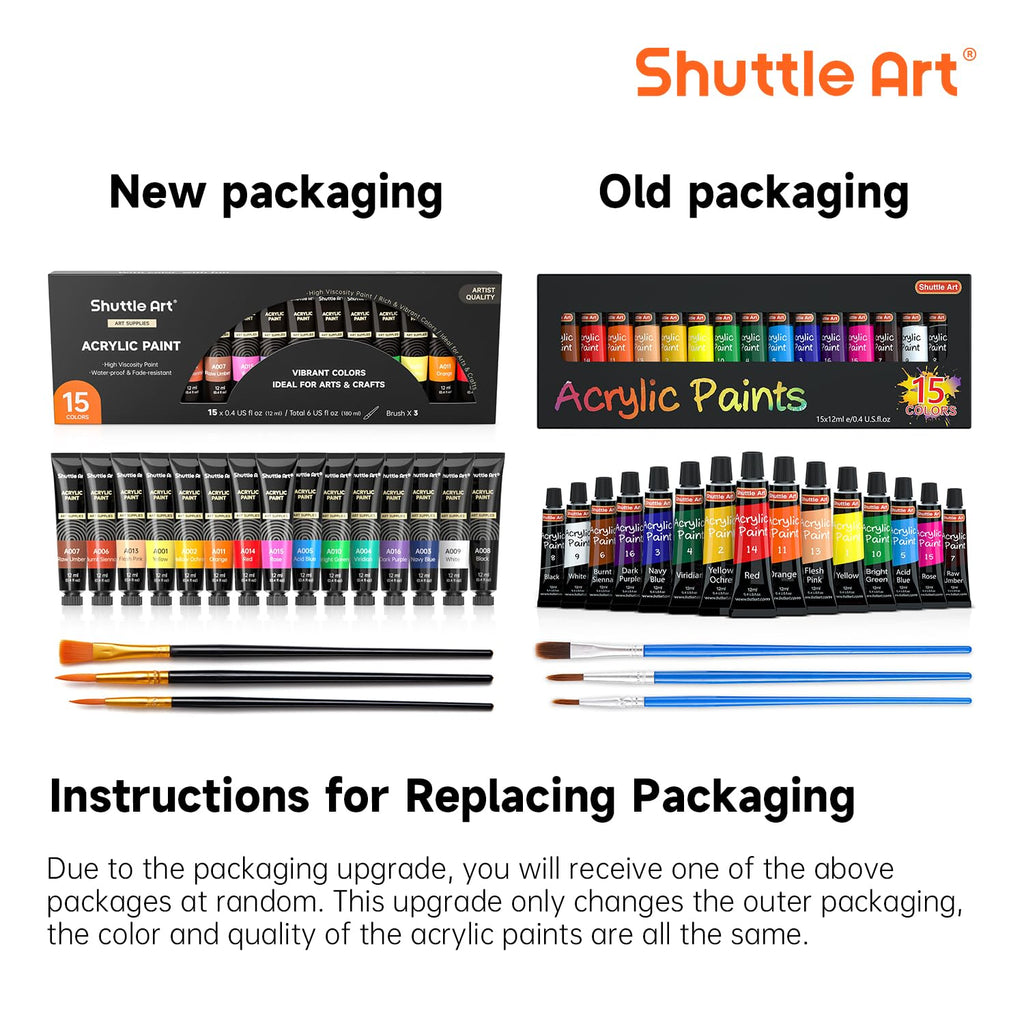 Shuttle Art Acrylic Paint Set, 15 x 12ml Tubes Artist Quality Non Toxic Rich Pigments Colors Perfect for Kids Adults Beginners Artists Painting on Canvas Wood Clay Fabric Ceramic Crafts