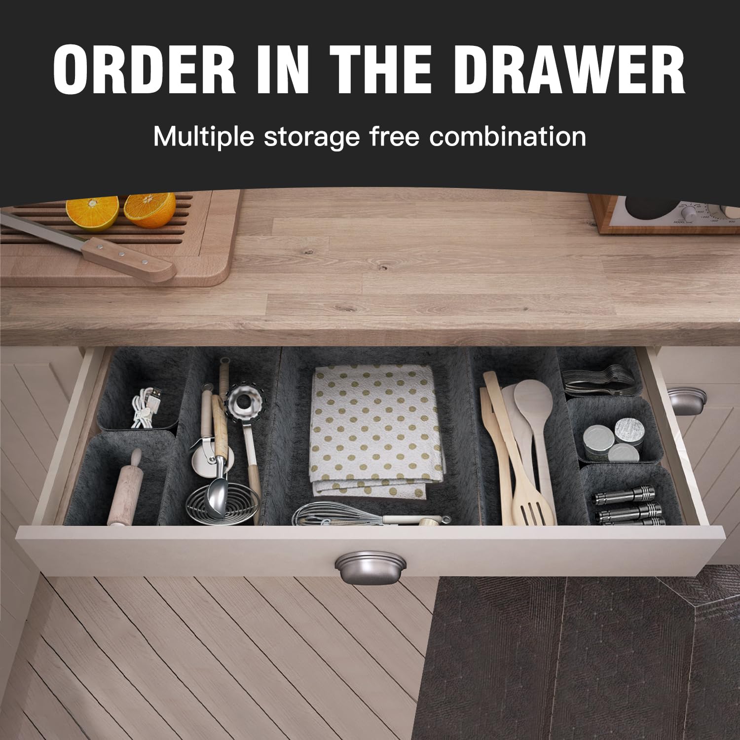 Pack of 8 Felt Drawer Organiser,Stackable Felt Storage Boxes,felt organizers,Drawer Organiser System,Dressing Table Organiser,drawer dividers for Desk,Bedside Table,Cupboard (Dark Grey)