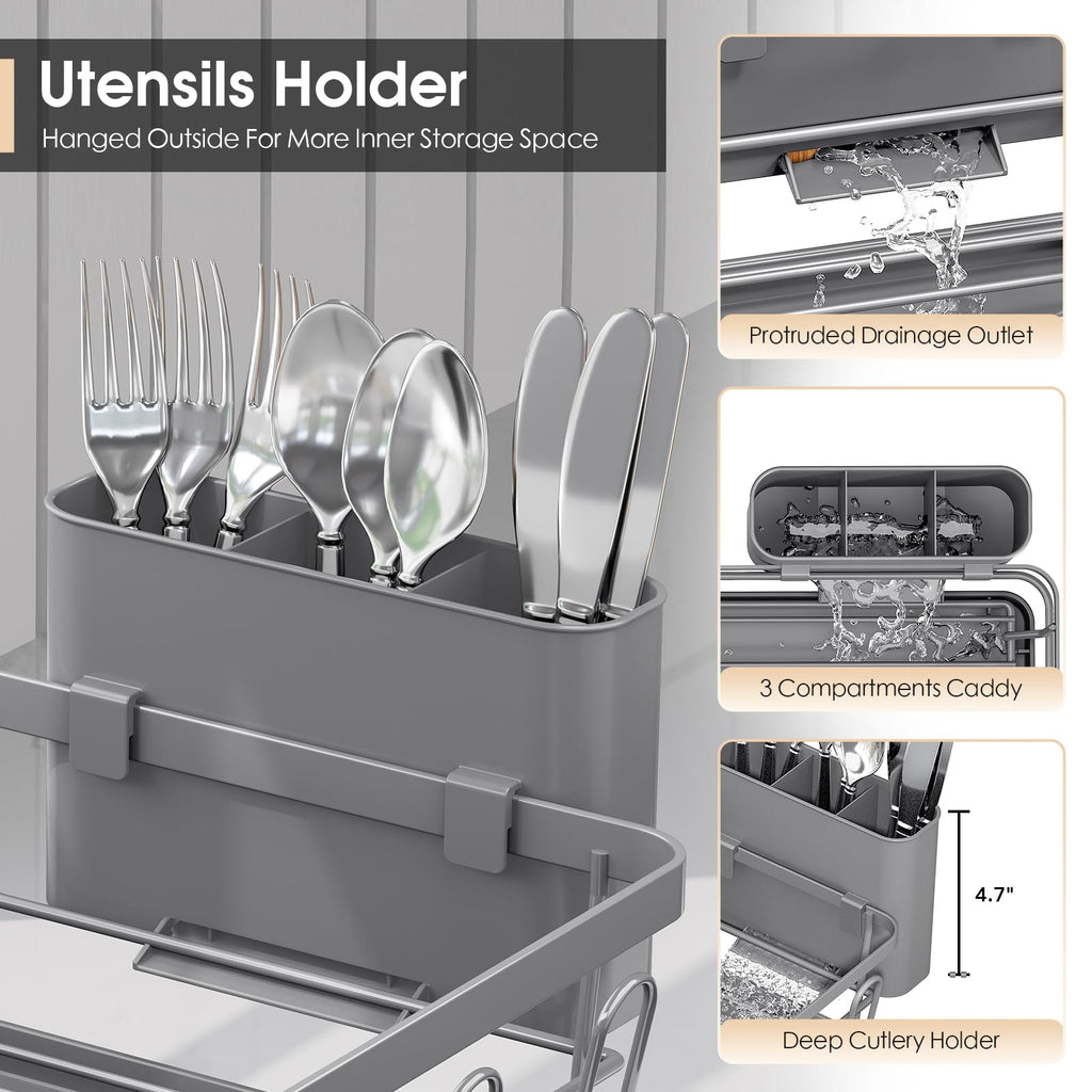 Urackify Dish Drying Rack - Large Dish Rack with Drainboard for Kitchen Counter, Stainless Steel Dish Drainer Fits Most Kitchen Sinks, Gray