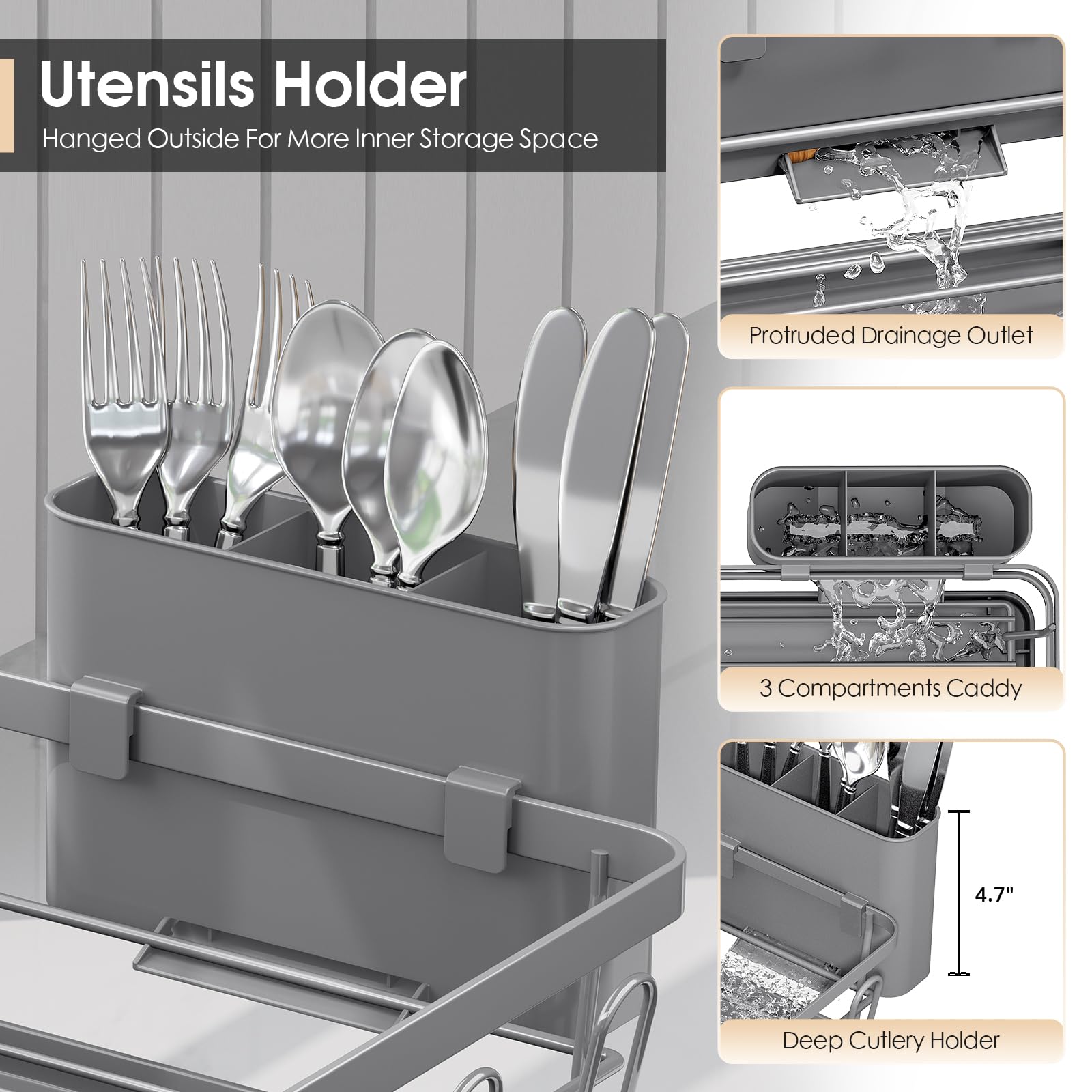 Urackify Dish Drying Rack - Large Dish Rack with Drainboard for Kitchen Counter, Stainless Steel Dish Drainer Fits Most Kitchen Sinks, Gray