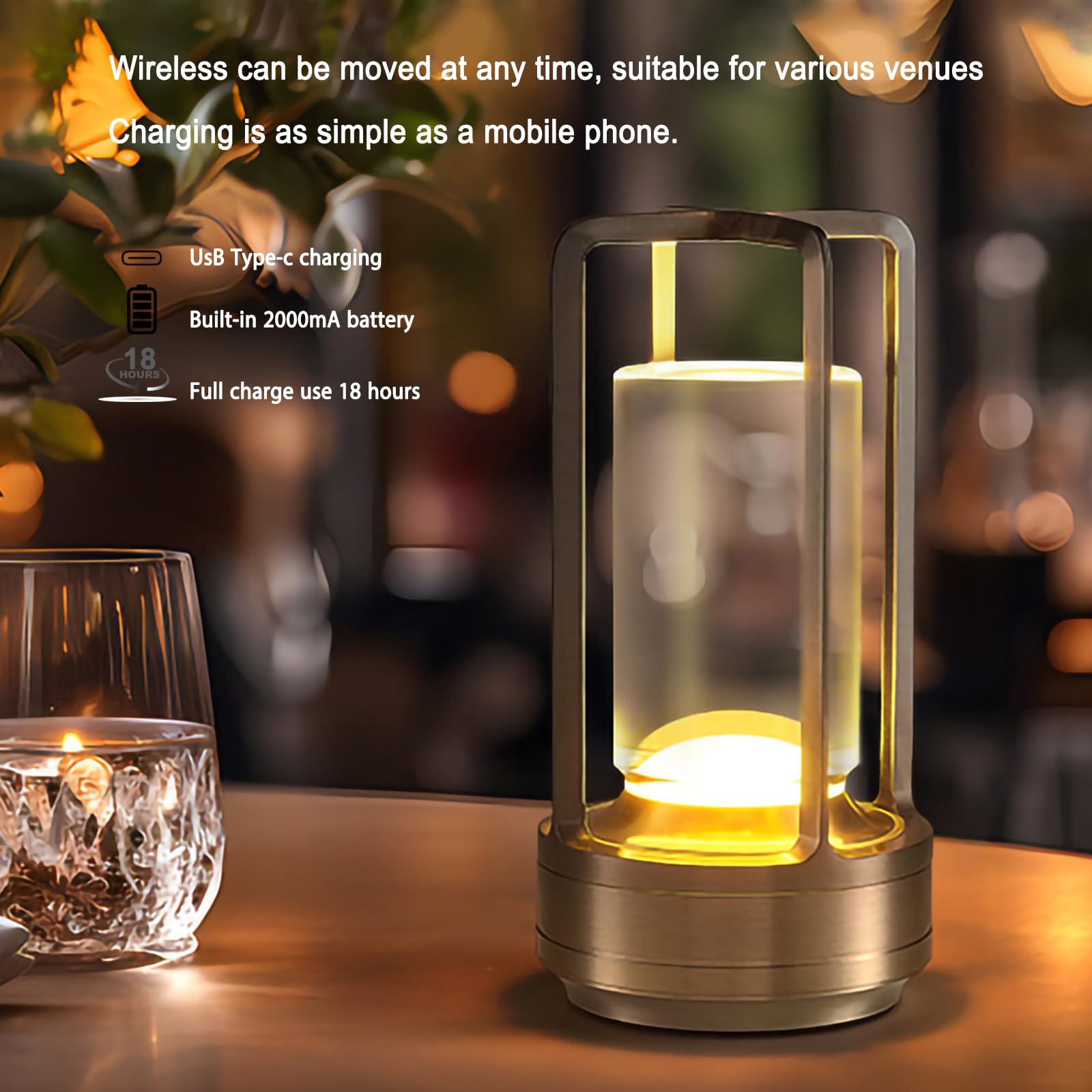Cordless Table Lamp Rechargeable Portable Metal Touch Small Desk Lamp,Indoor/Outdoor Battery Operated LED Night Light,3Color Stepless Dimming Crystal Lantern Suitable bedrooms,Bars,cafes,Camping,Gold