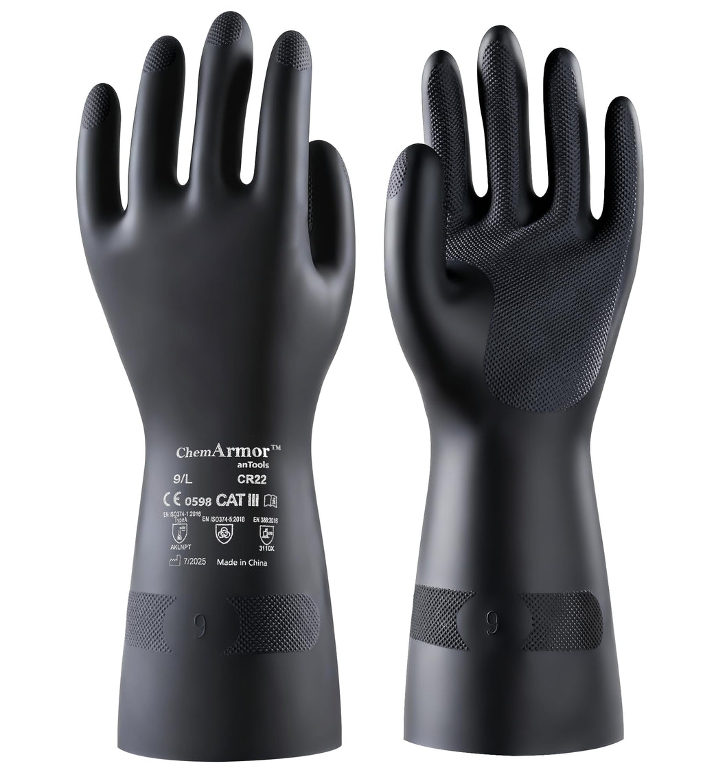 AnTools 2 Pairs Heavy-Duty Chemical Resistant Rubber Gloves, Protective Industrial Gloves for Cleaning, Dishwashing, Resist Acid, Alkali, Hazmat, Black, Large