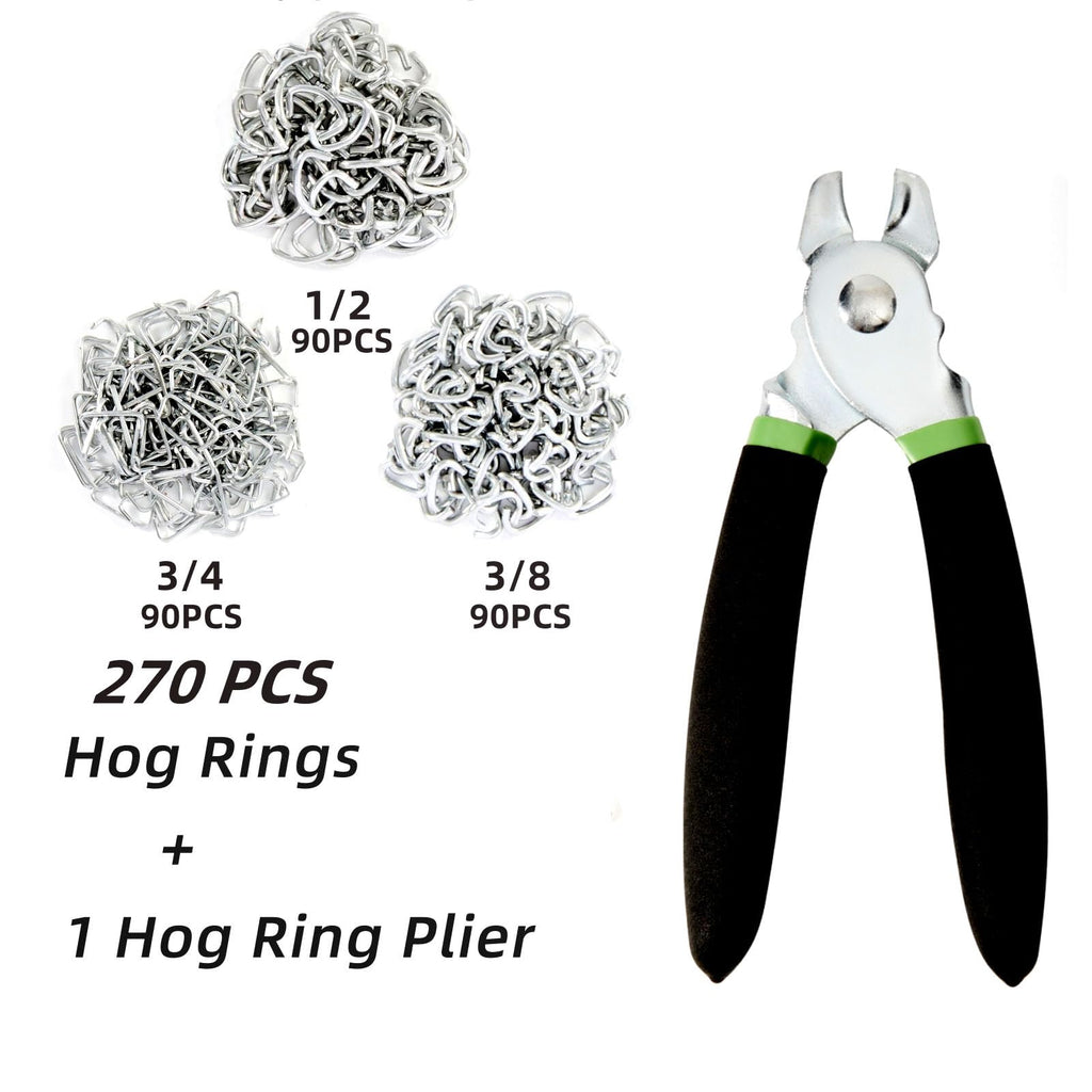 Hog Ring Pliers Kit with 270 Pcs 3/4" 1/2" 3/8" Galvanized Steel Hog Rings,Hog Ring Pliers Kit for Auto Upholstery and Fencing,Bagging,DIYCraft,Furniture