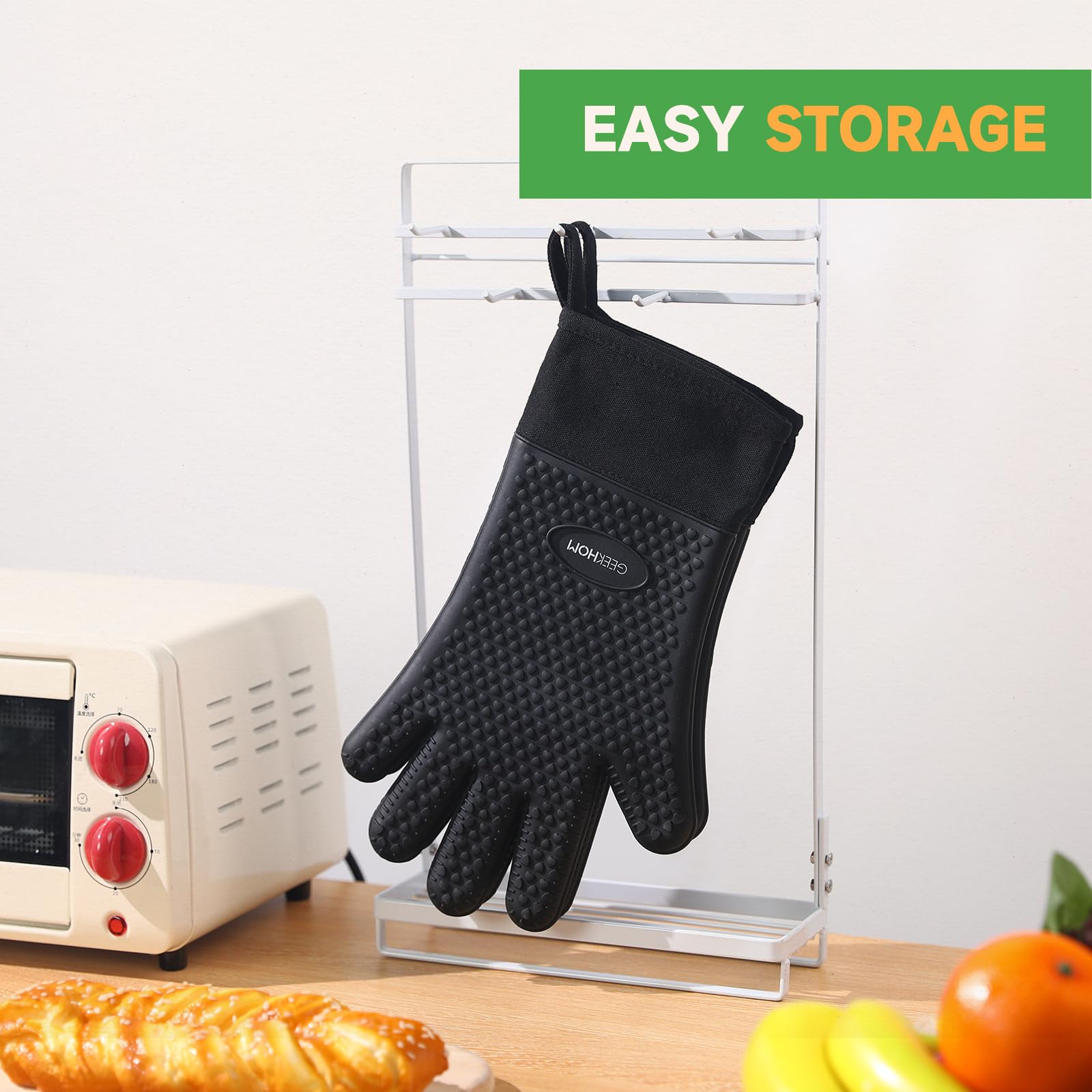 GEEKHOM Silicone Oven Mitts Heat Resistant Gloves with Cotton Lining for Kitchen Cooking, Baking & BBQ Accessories, Dishwasher Safe Non-Slip Grip (Black)