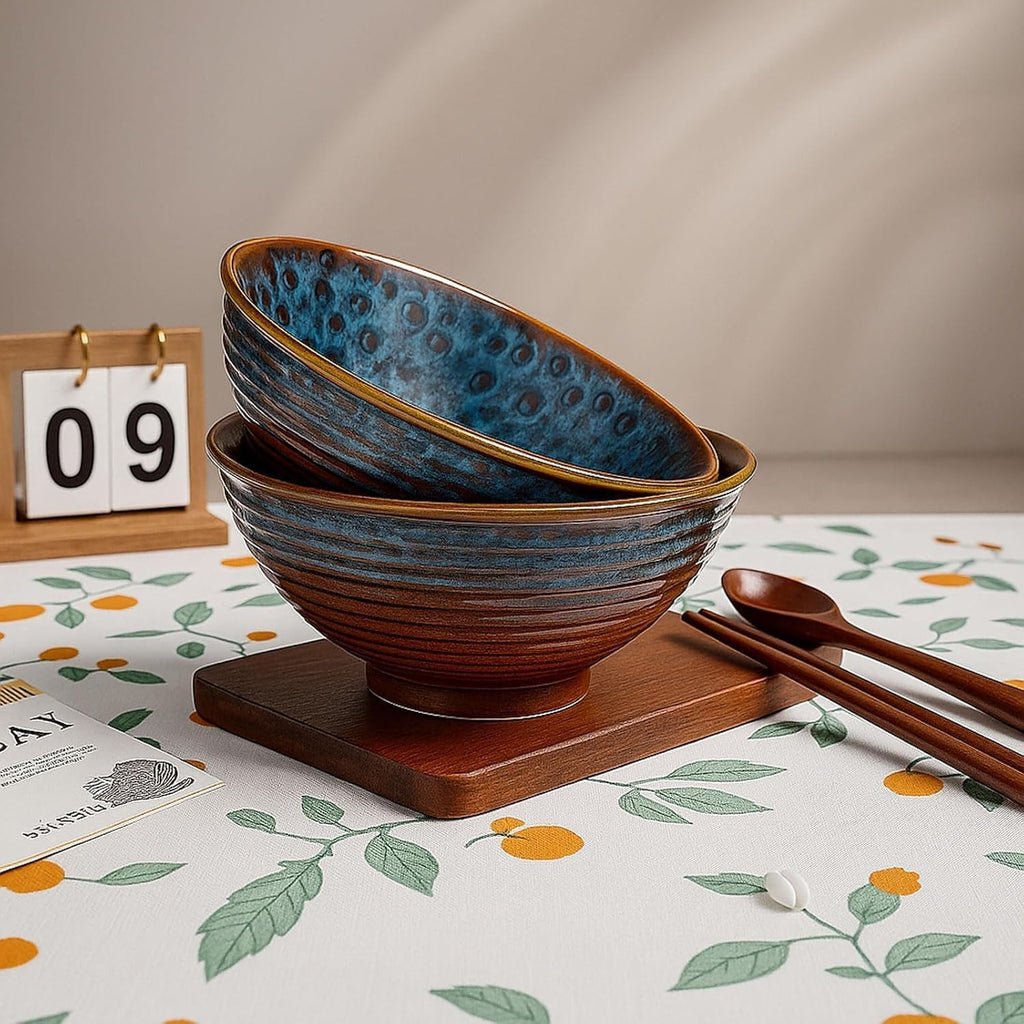 2X Ceramic Ramen Bowls - 40 oz - 20cm - with Spoon and Chopsticks for Ramen Soup Pho Udon Asian Noodles, Large Noodle Bowls (Cat's Eye Glaze 2 Sets)
