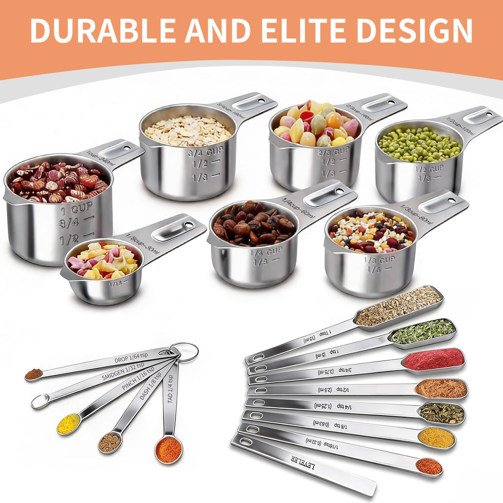 Measuring Cups and Spoons Set of 20, 7 Stainless Steel Nesting Measuring Cups, 1 + Leveler and 5 Mini Measuring Spoons, Measuring Spoons and Cups for Cooking and Baking