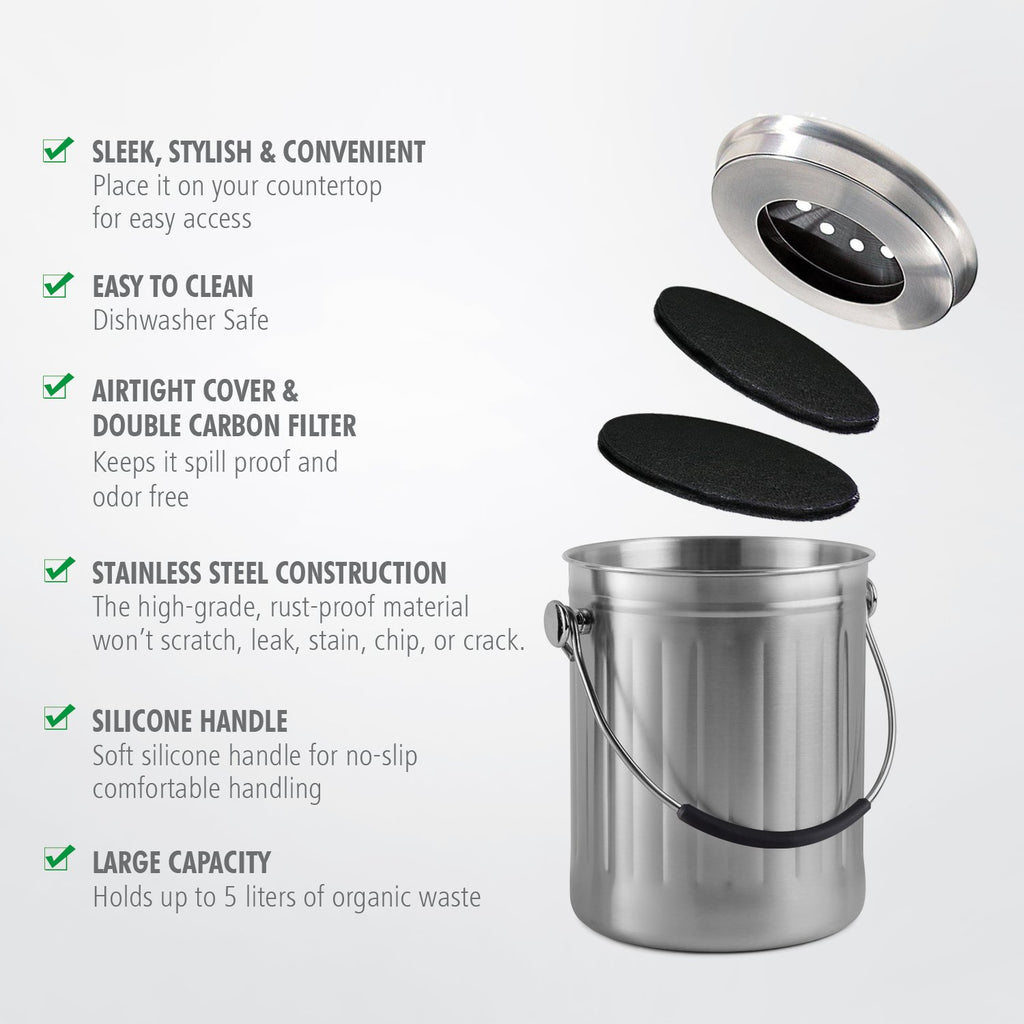 Leak Proof Stainless Steel Compost Bin 1.3 Gallon – Includes 4 Extra Free Filters