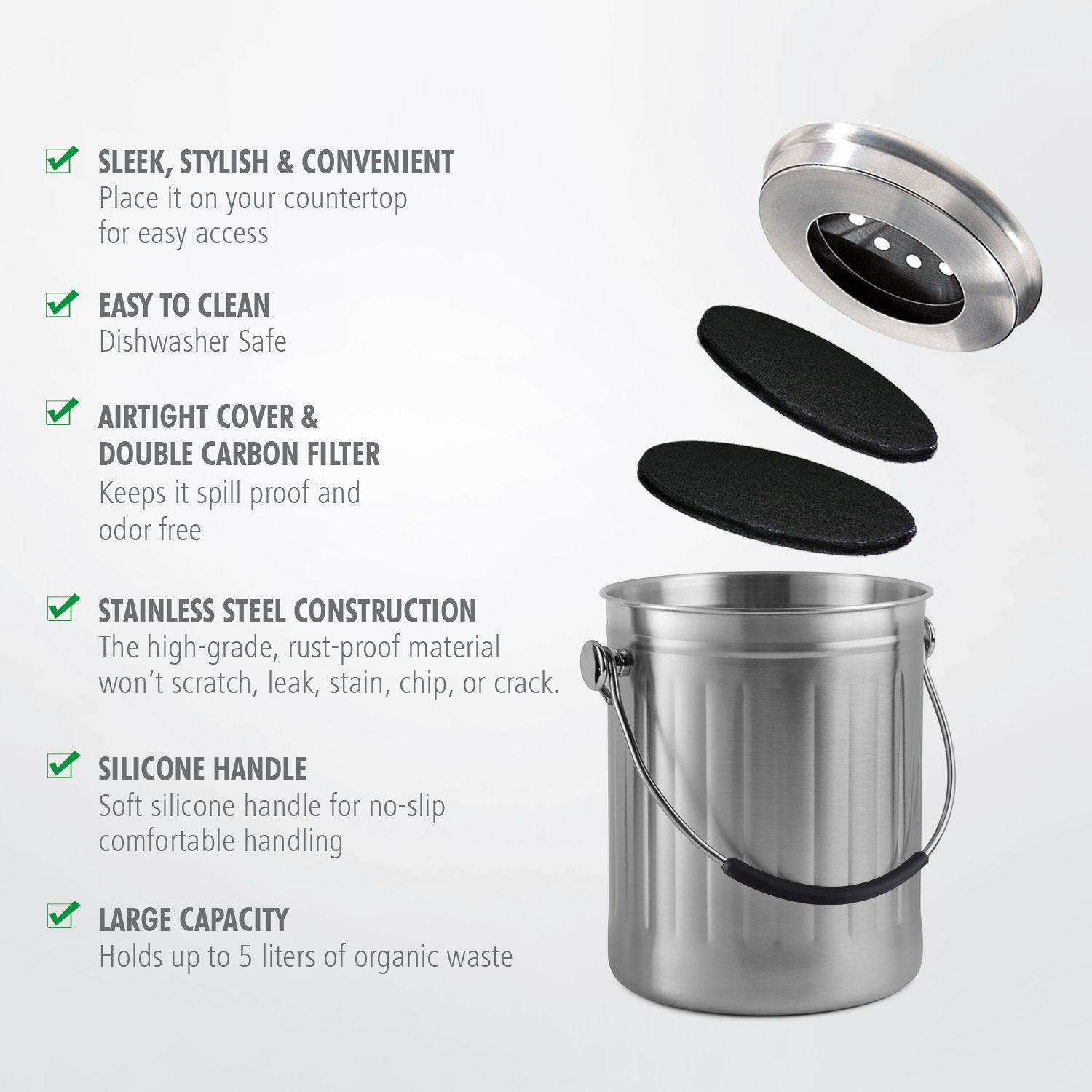 Leak Proof Stainless Steel Compost Bin 1.3 Gallon – Includes 4 Extra Free Filters